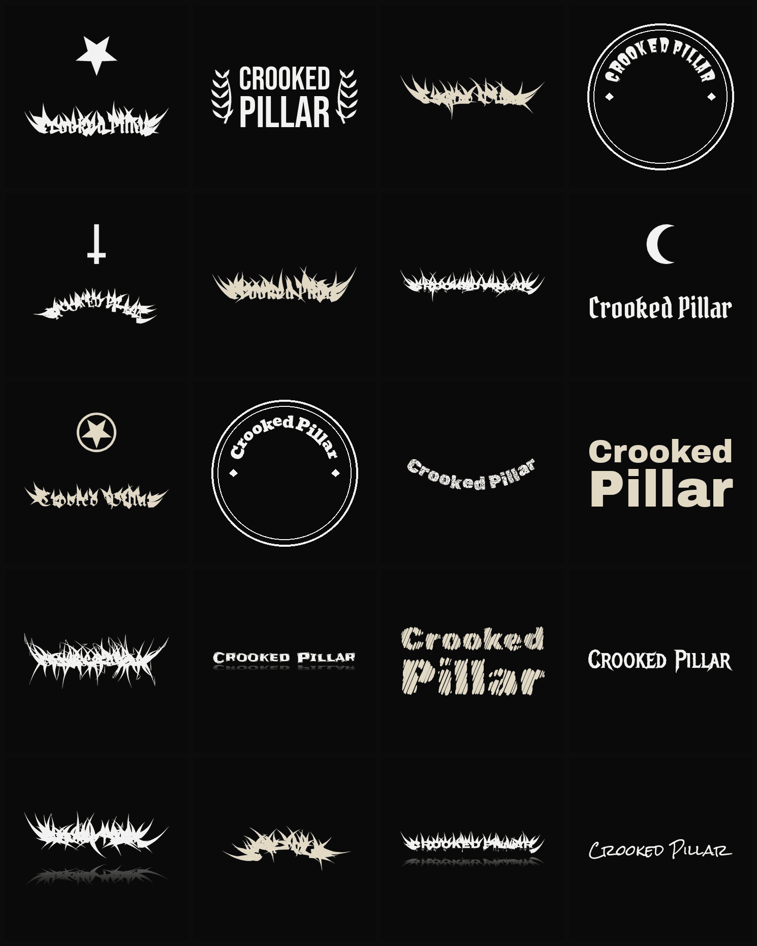 Twenty Crooked Pillar band logo ideas — different faces, treatments and spike settings