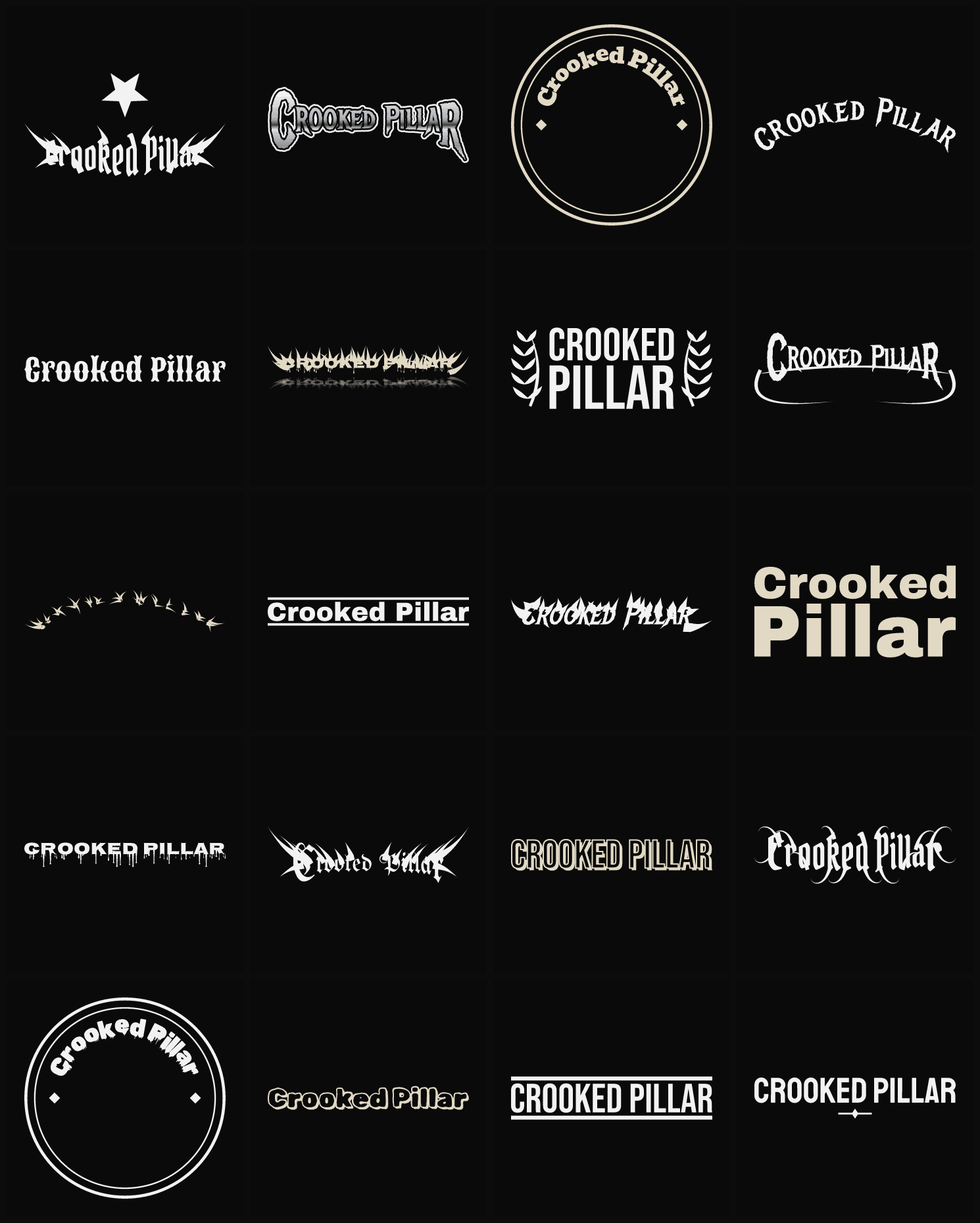 Twenty Crooked Pillar band logo ideas — different faces, treatments and spike settings