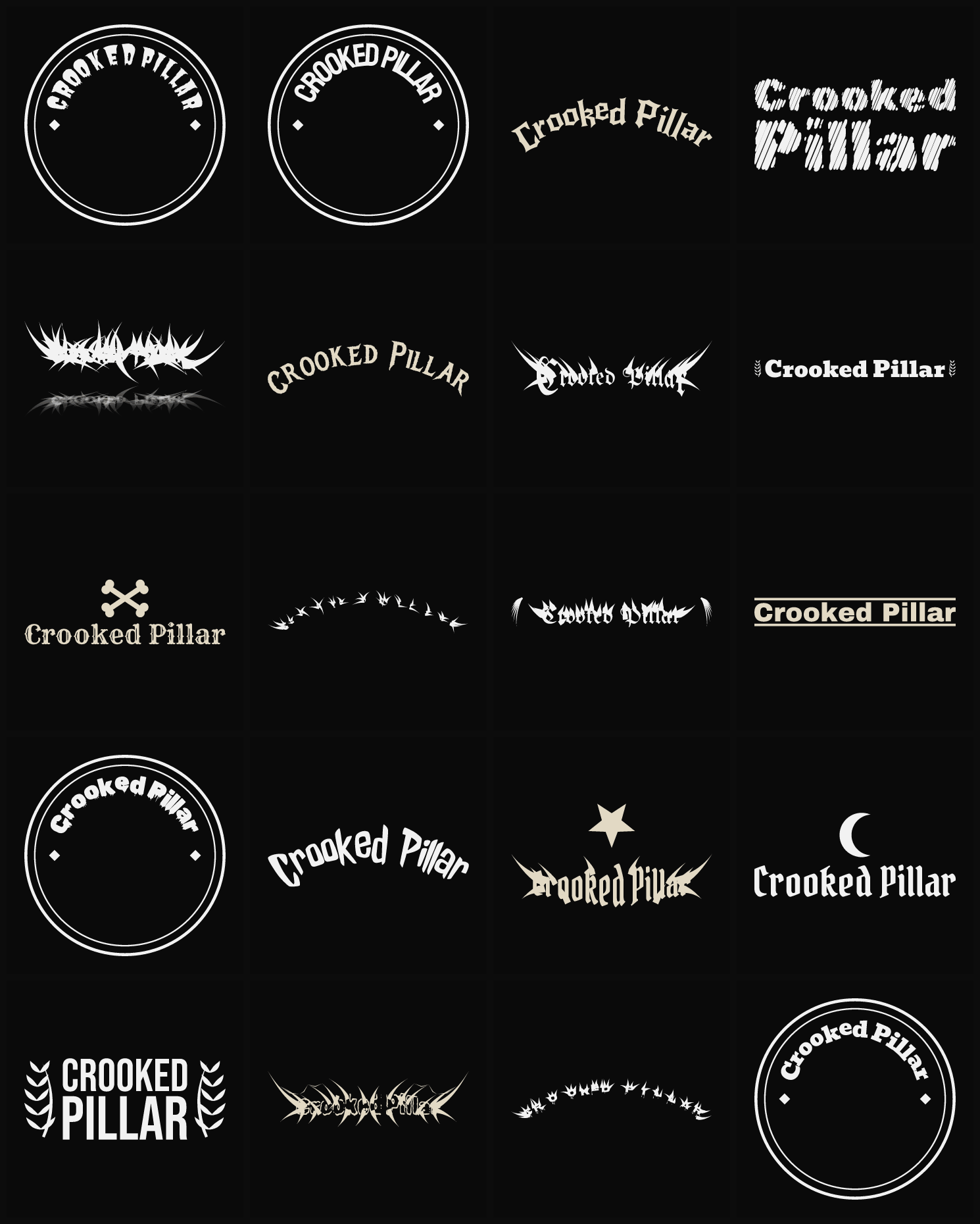 Twenty Crooked Pillar band logo ideas — different faces, treatments and spike settings