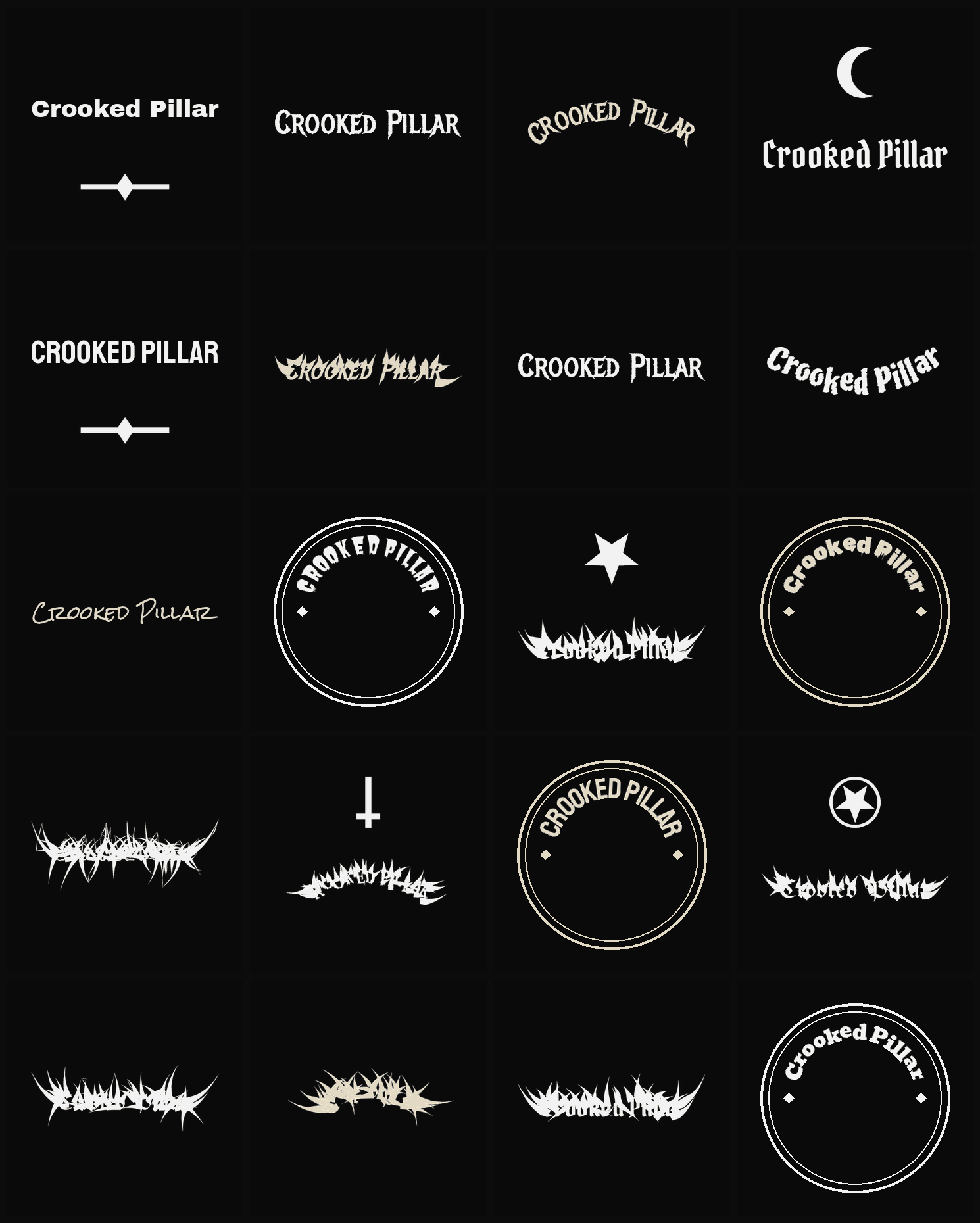 Twenty Crooked Pillar band logo ideas — different faces, treatments and spike settings