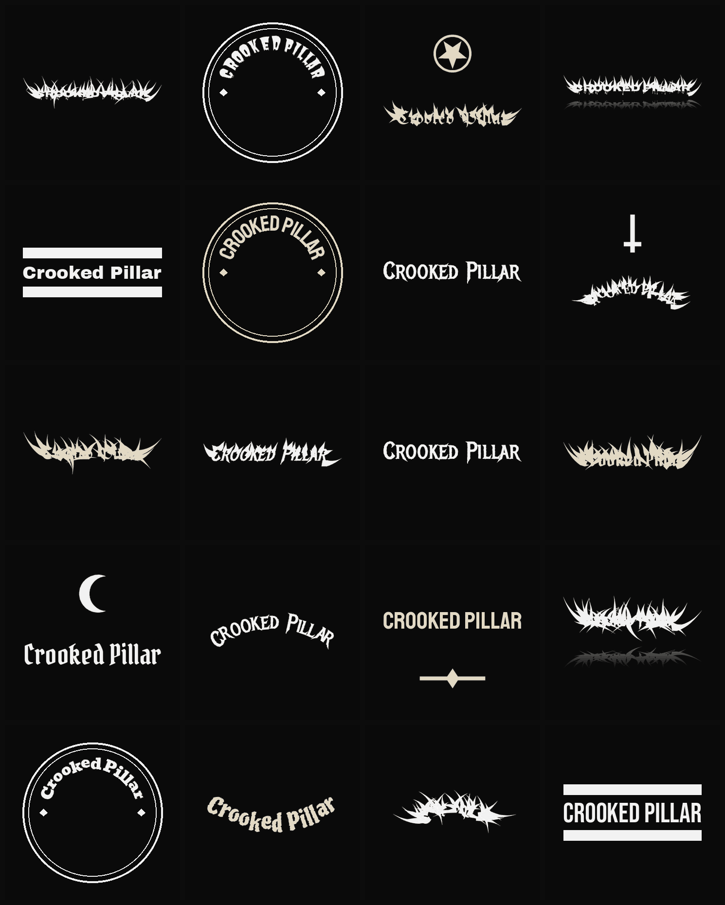 Twenty Crooked Pillar band logo ideas — different faces, treatments and spike settings