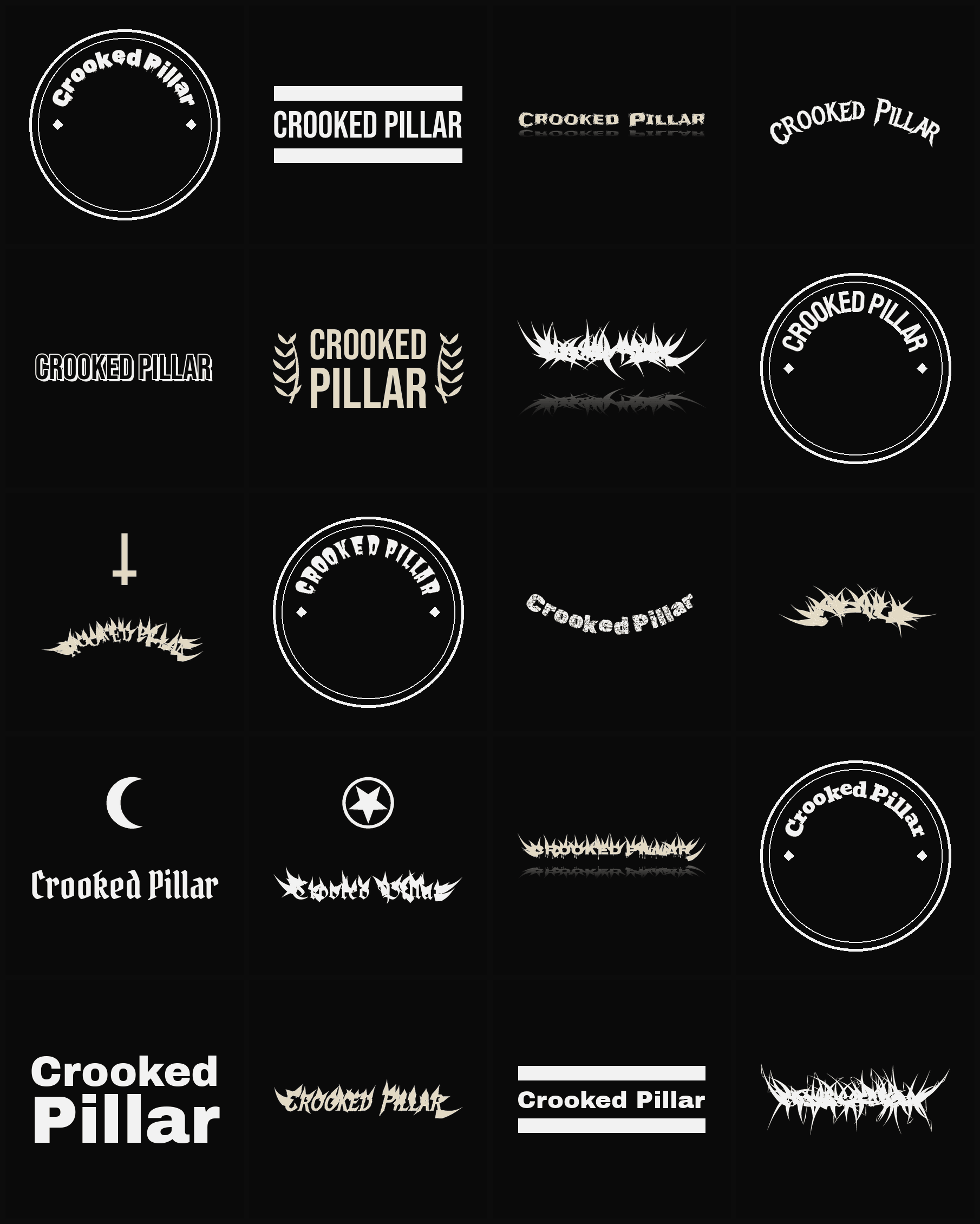Twenty Crooked Pillar band logo ideas — different faces, treatments and spike settings