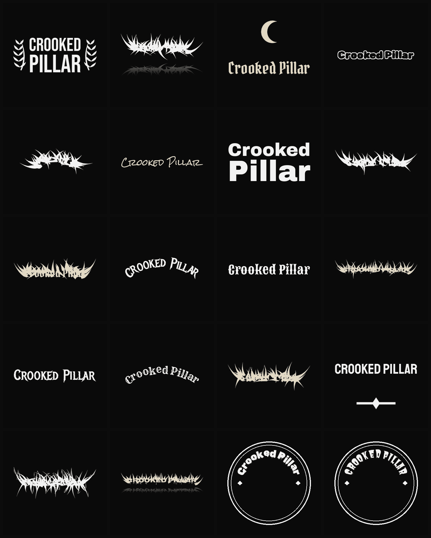 Twenty Crooked Pillar band logo ideas — different faces, treatments and spike settings