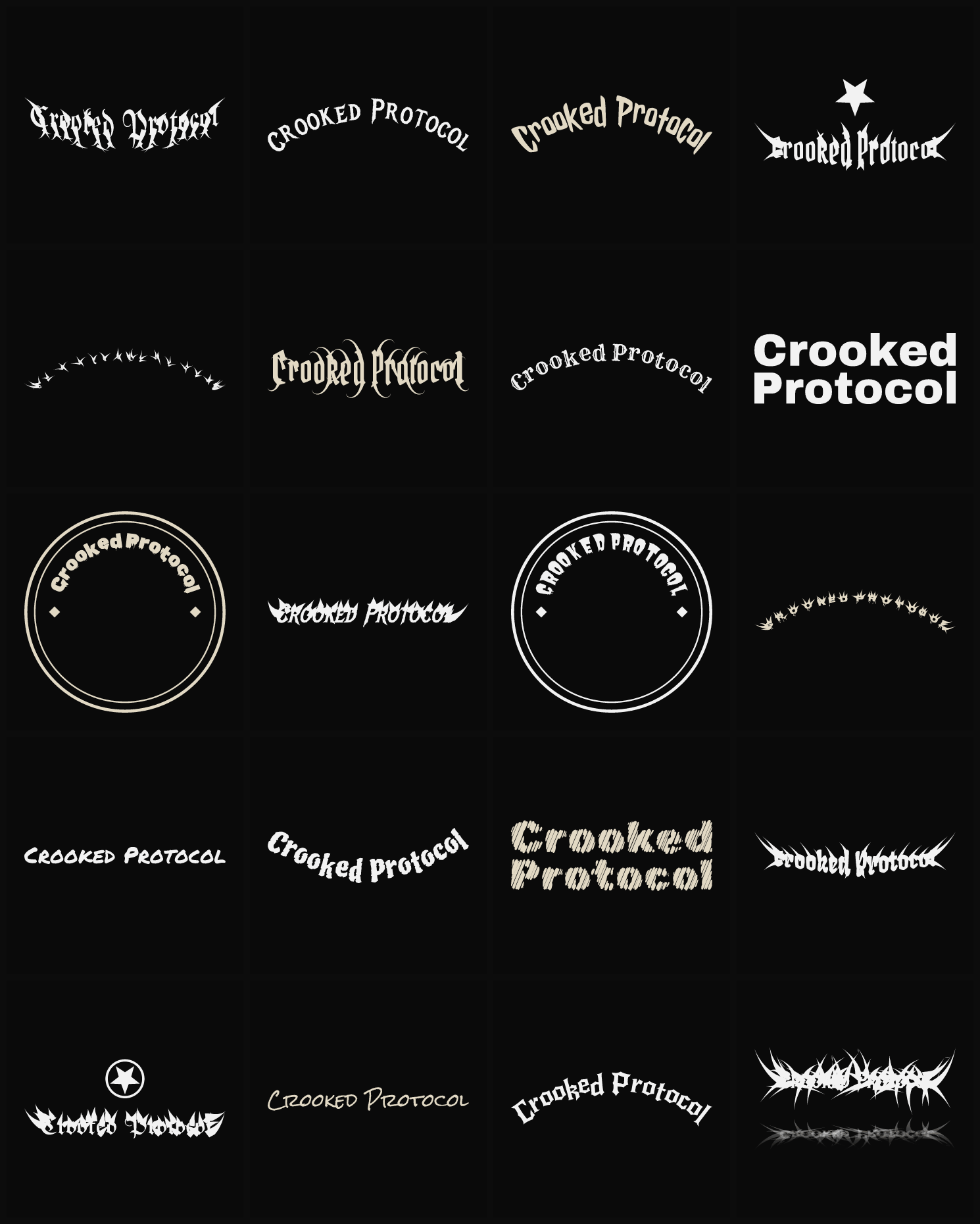 Twenty Crooked Protocol band logo ideas — different faces, treatments and spike settings