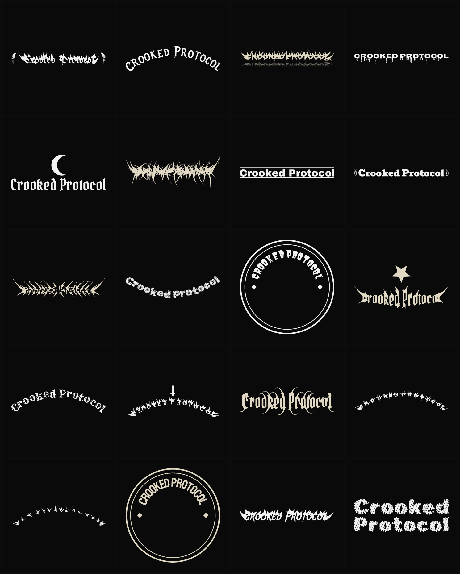 Twenty Crooked Protocol band logo ideas — different faces, treatments and spike settings