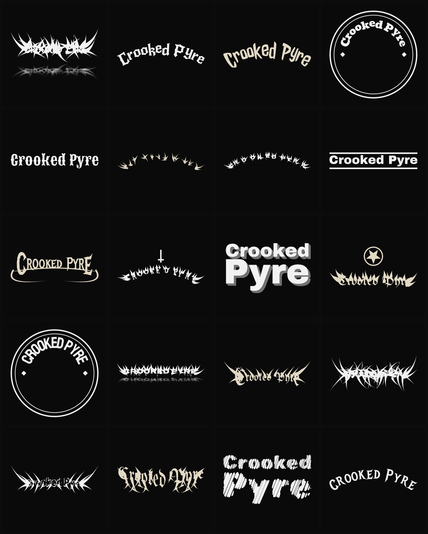 Twenty Crooked Pyre band logo ideas — different faces, treatments and spike settings