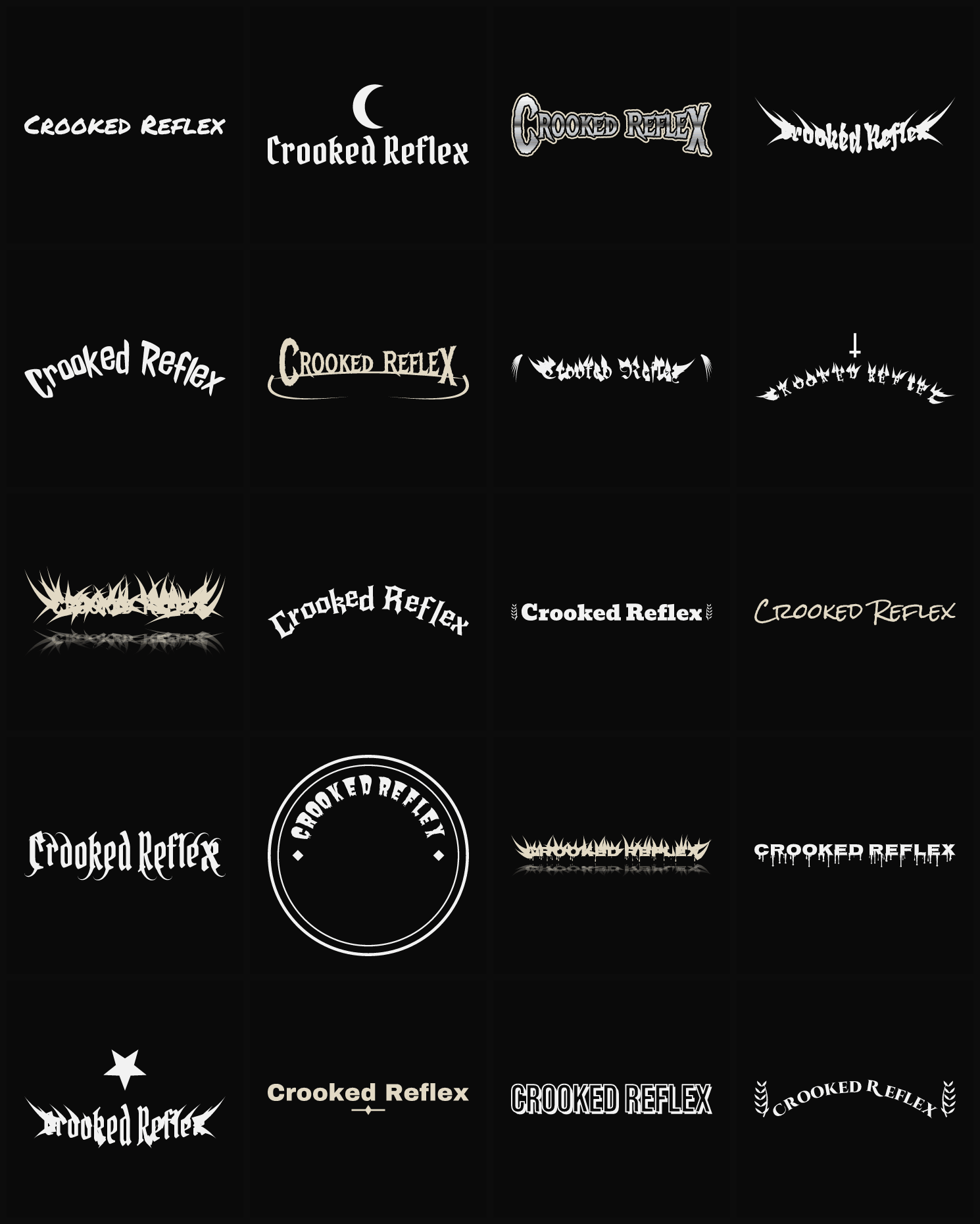 Twenty Crooked Reflex band logo ideas — different faces, treatments and spike settings