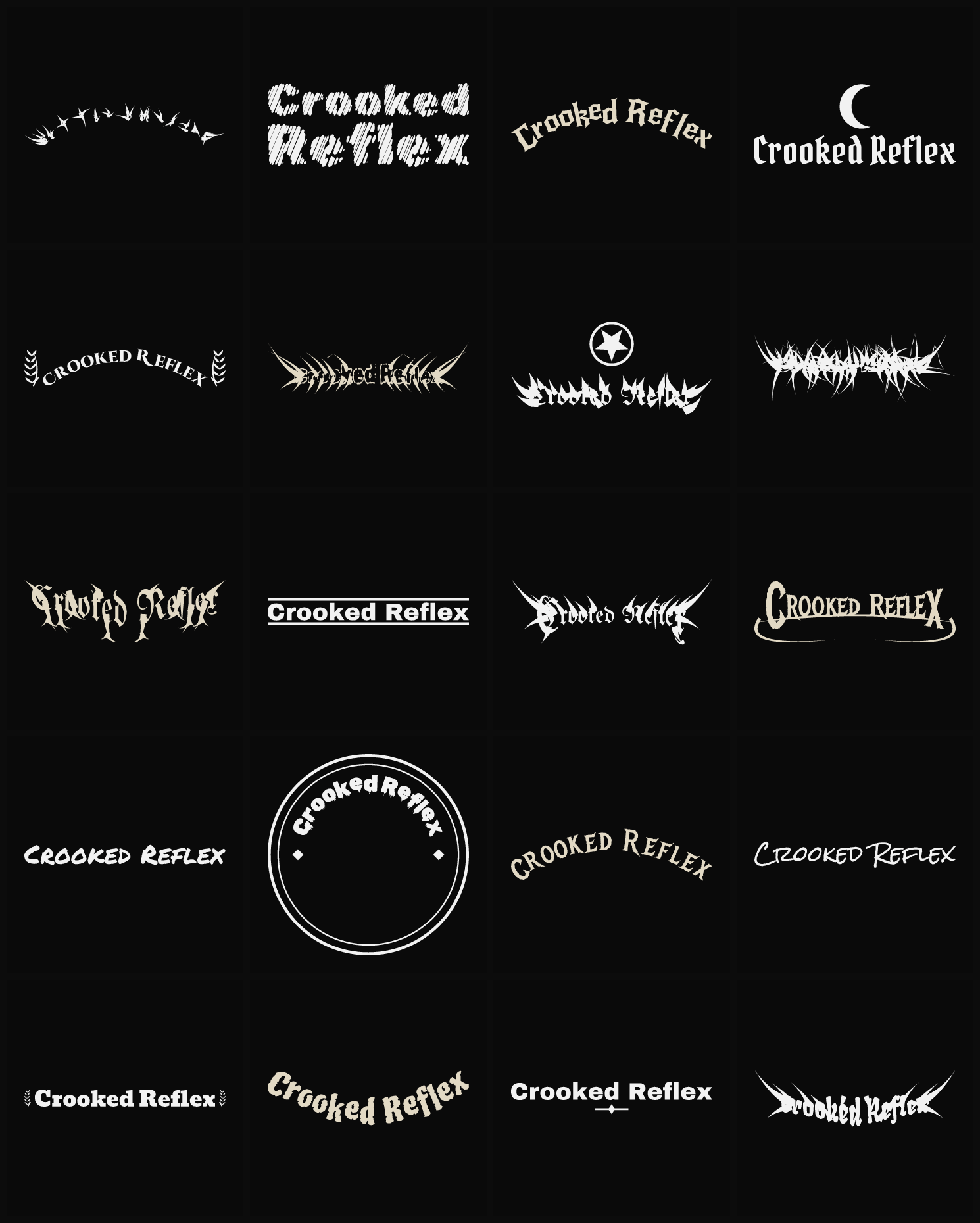 Twenty Crooked Reflex band logo ideas — different faces, treatments and spike settings
