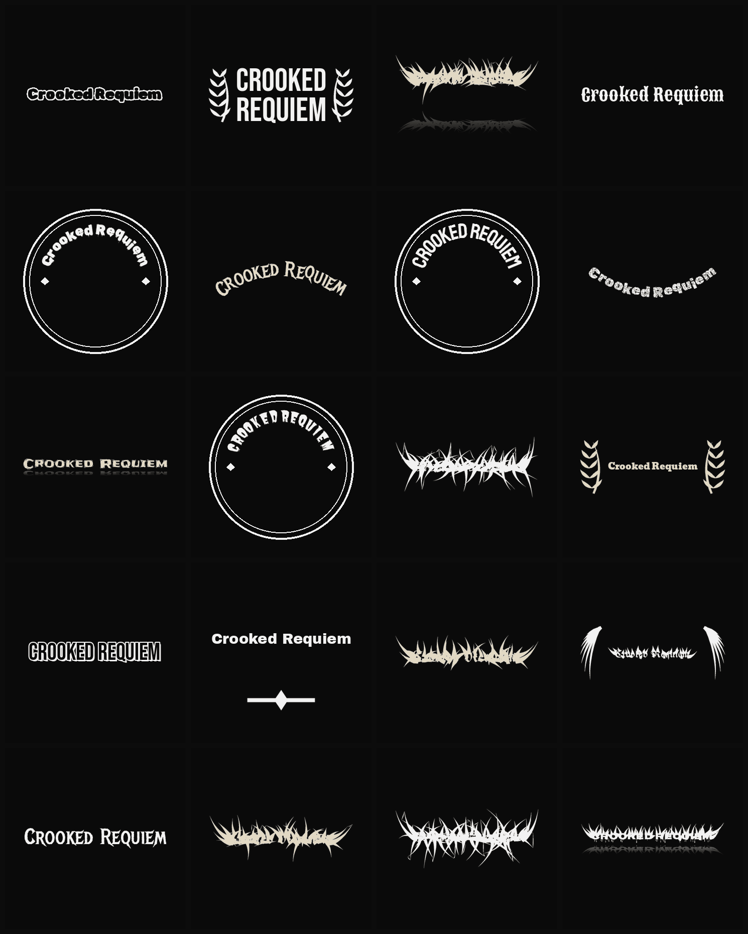 Twenty Crooked Requiem band logo ideas — different faces, treatments and spike settings