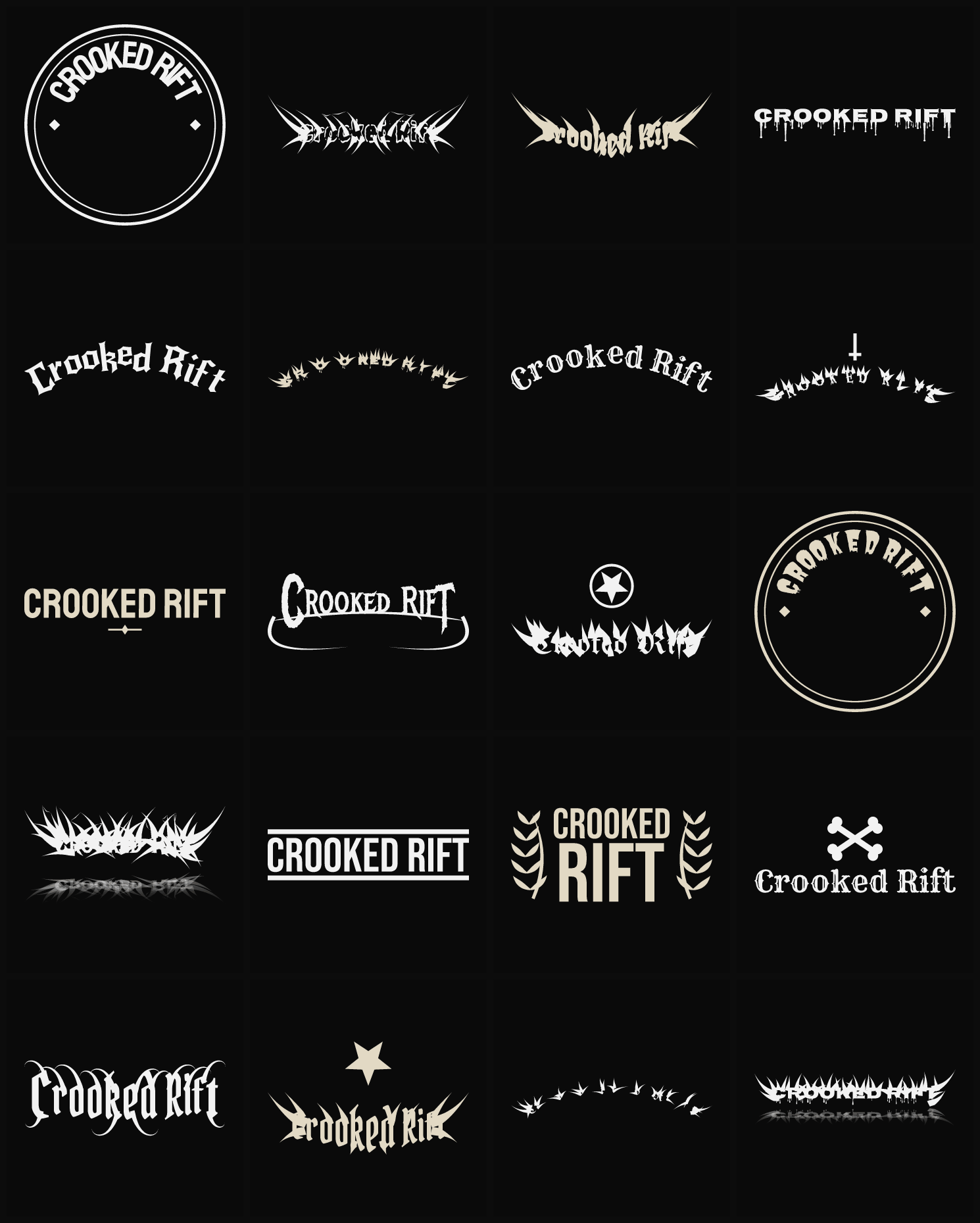 Twenty Crooked Rift band logo ideas — different faces, treatments and spike settings