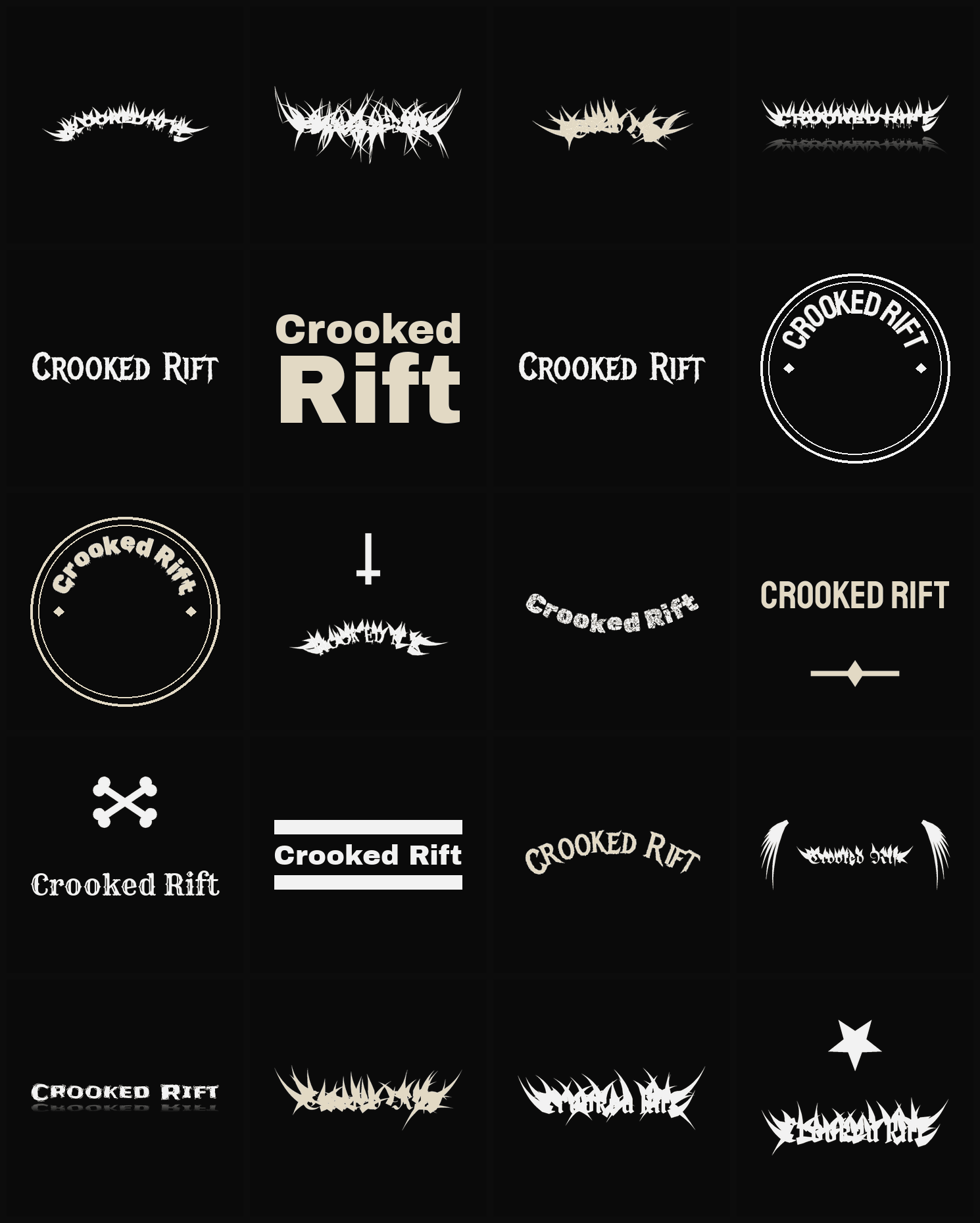Twenty Crooked Rift band logo ideas — different faces, treatments and spike settings