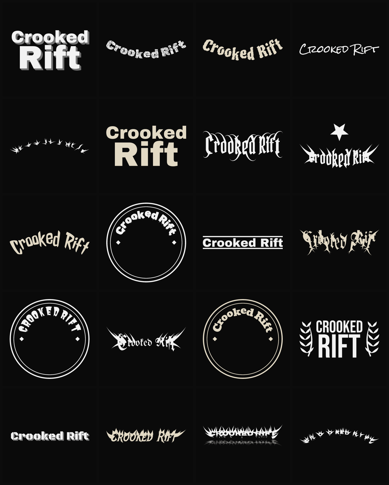 Twenty Crooked Rift band logo ideas — different faces, treatments and spike settings