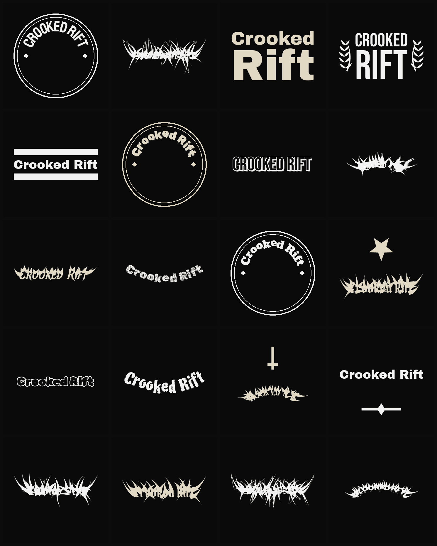 Twenty Crooked Rift band logo ideas — different faces, treatments and spike settings