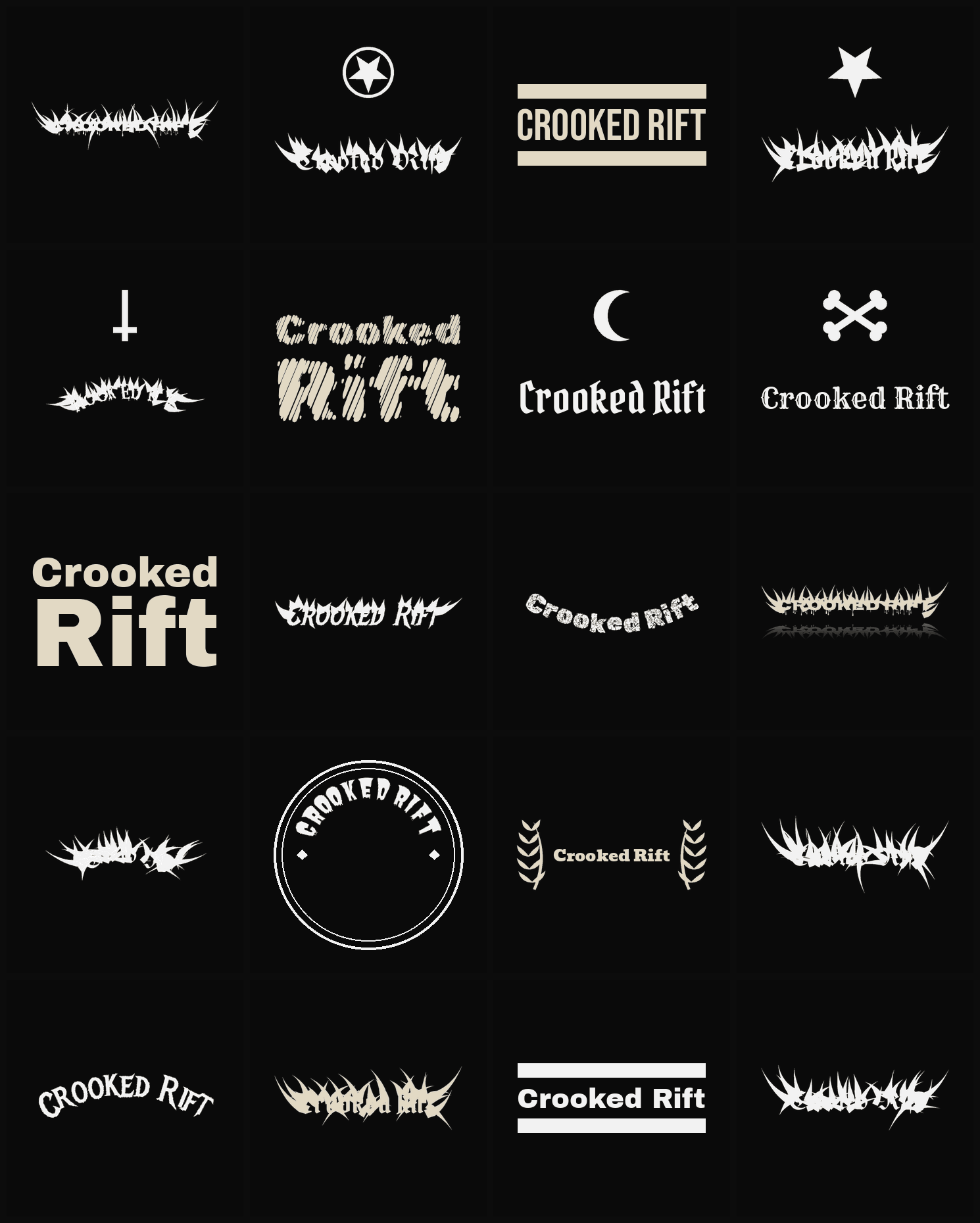 Twenty Crooked Rift band logo ideas — different faces, treatments and spike settings