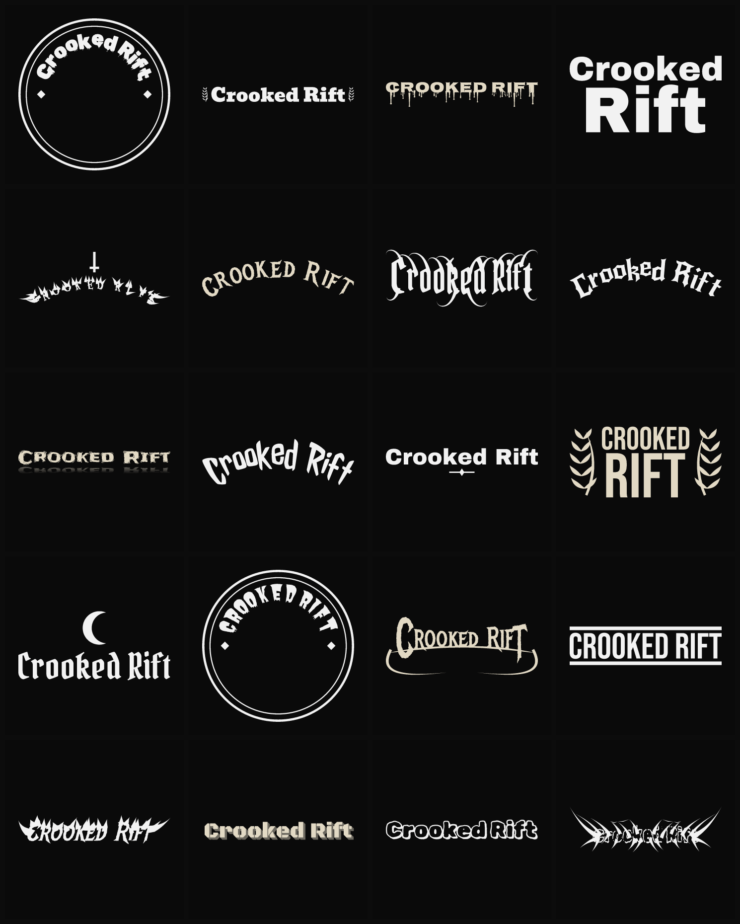 Twenty Crooked Rift band logo ideas — different faces, treatments and spike settings