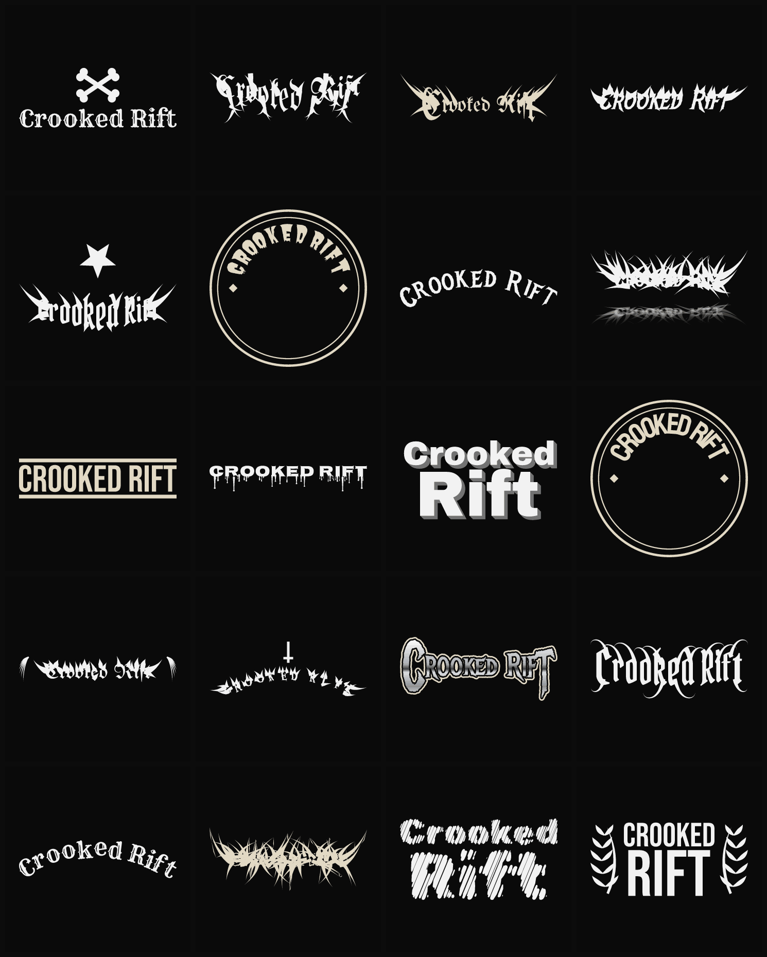 Twenty Crooked Rift band logo ideas — different faces, treatments and spike settings
