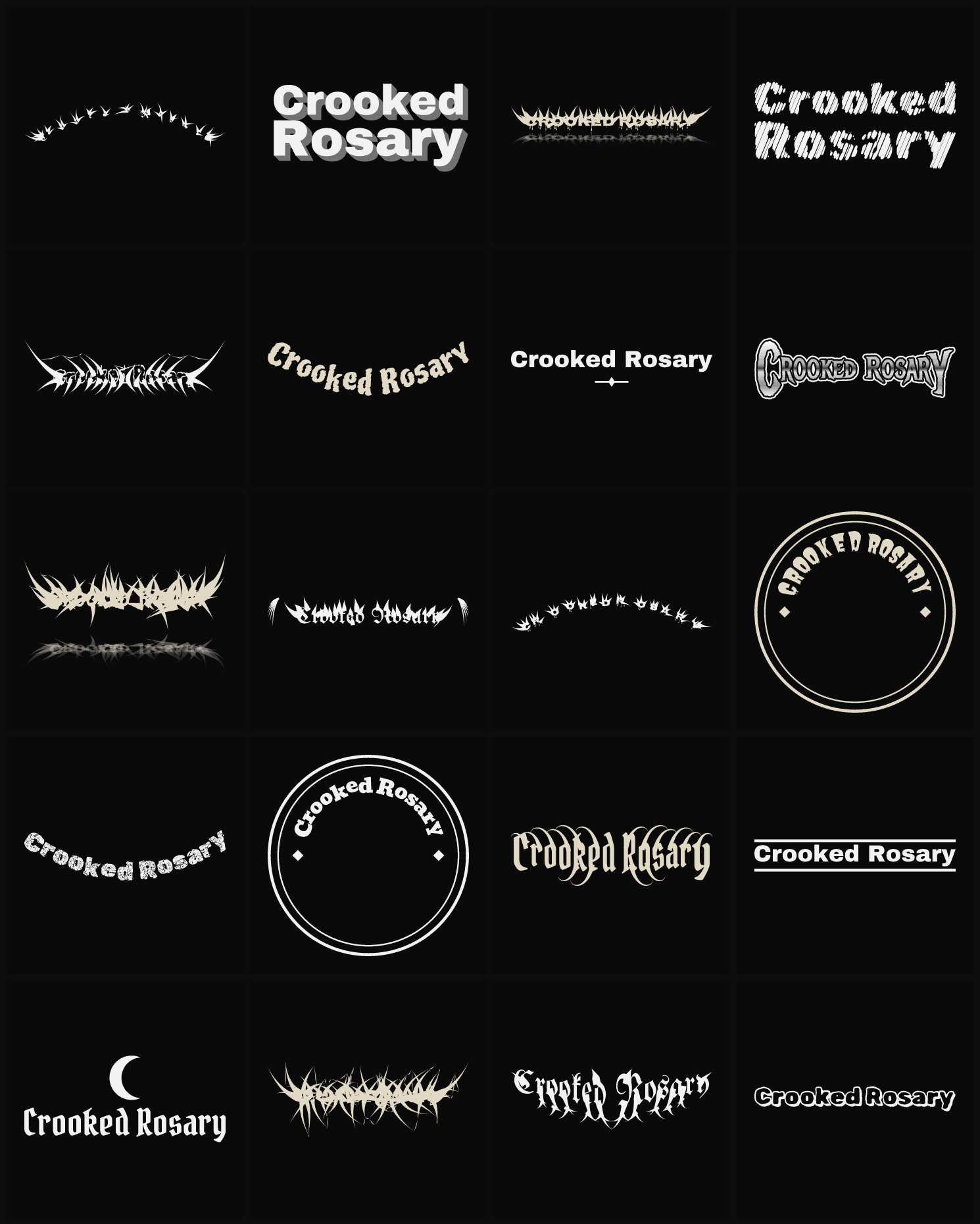 Twenty Crooked Rosary band logo ideas — different faces, treatments and spike settings