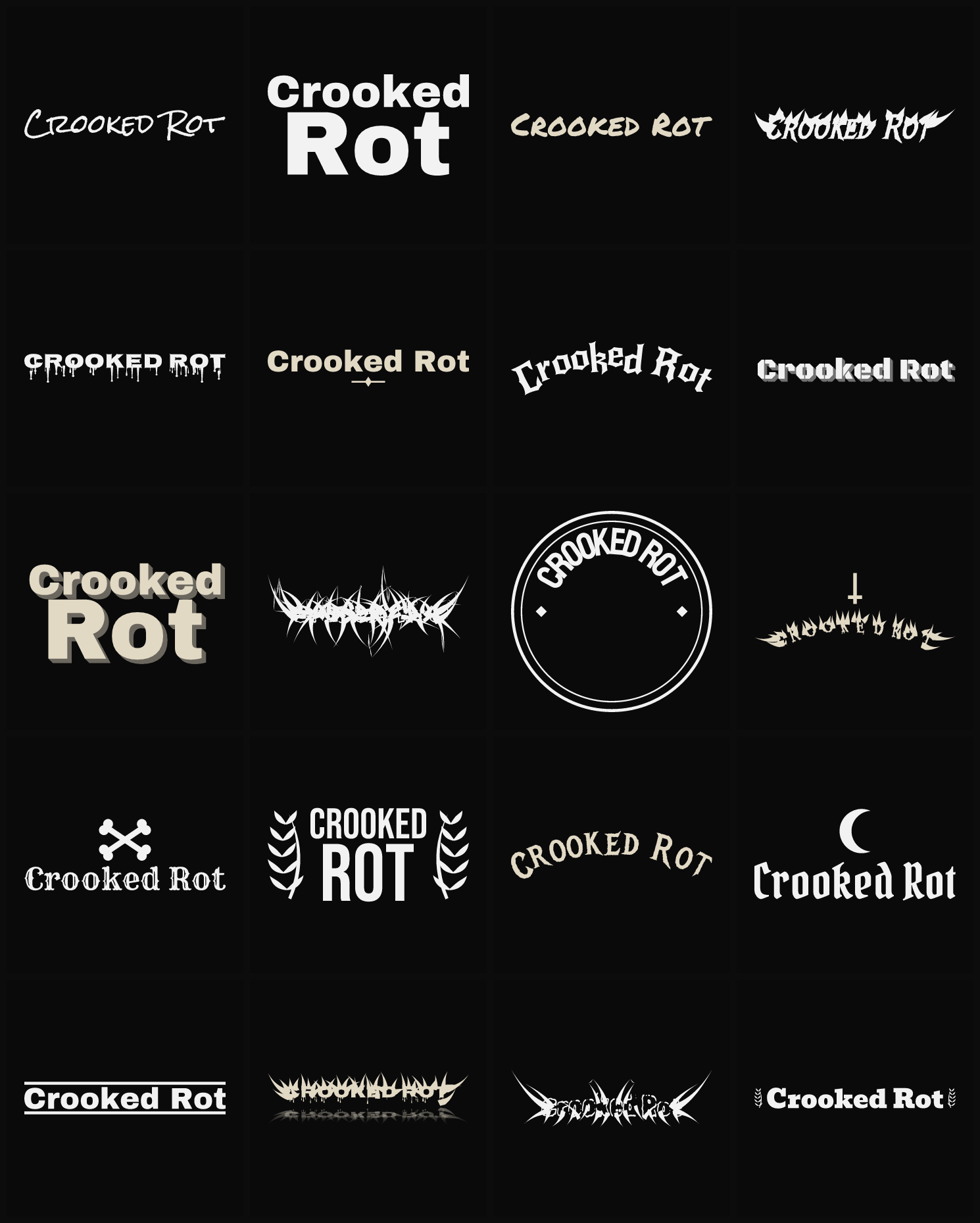 Twenty Crooked Rot band logo ideas — different faces, treatments and spike settings