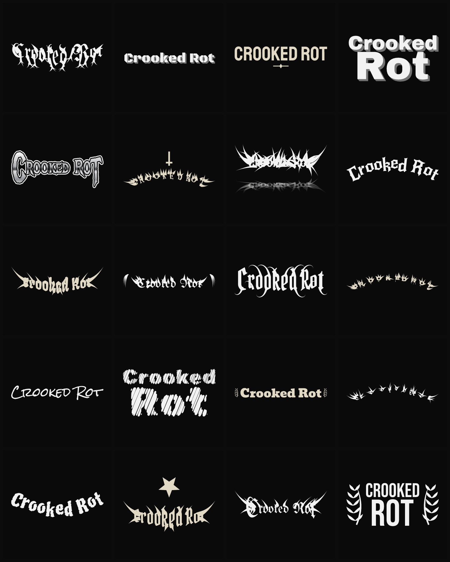 Twenty Crooked Rot band logo ideas — different faces, treatments and spike settings