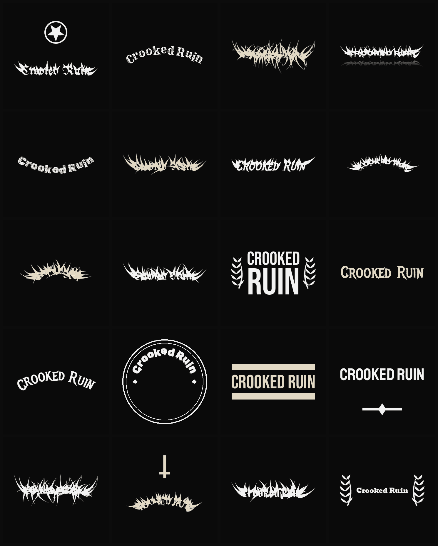 Twenty Crooked Ruin band logo ideas — different faces, treatments and spike settings