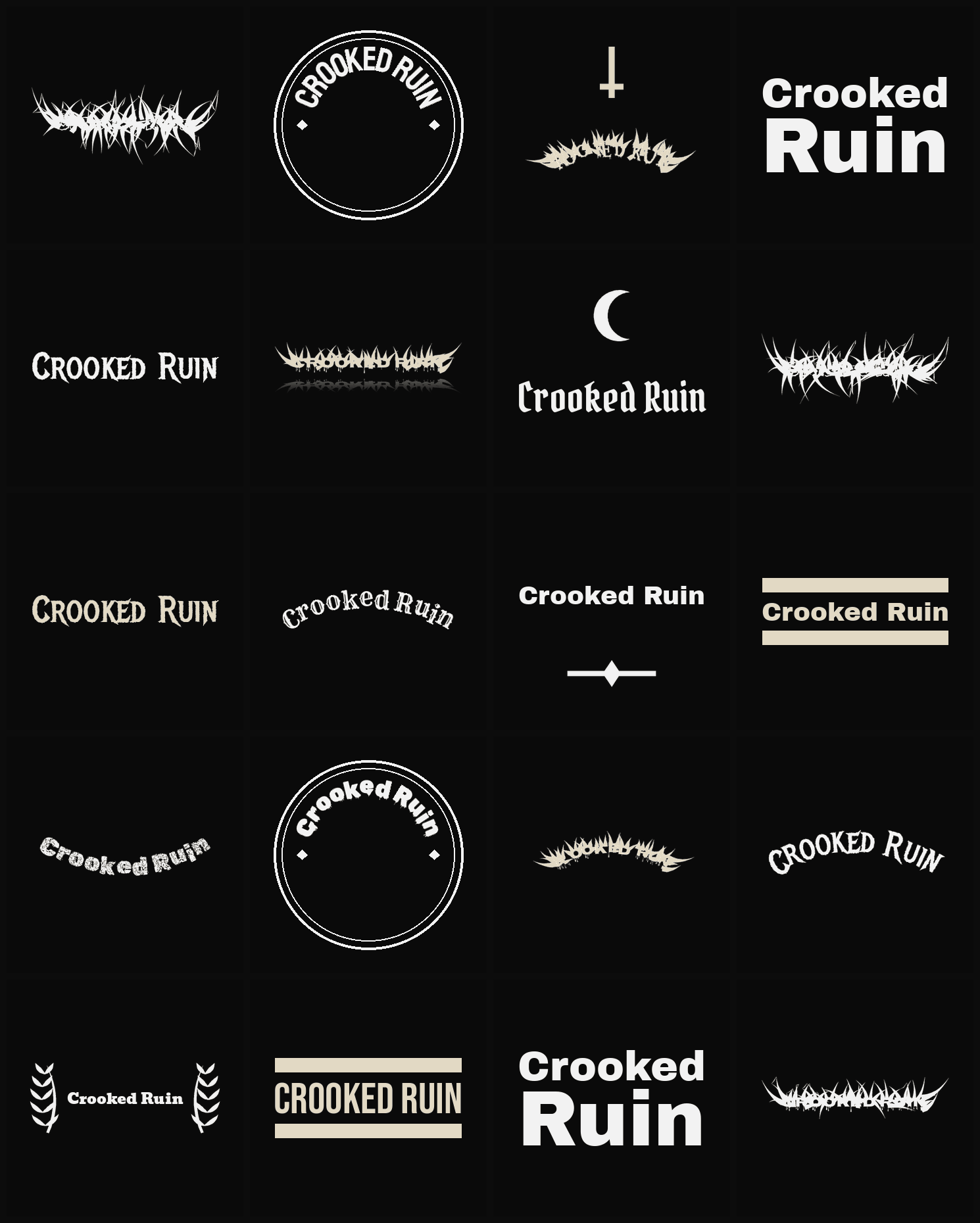 Twenty Crooked Ruin band logo ideas — different faces, treatments and spike settings