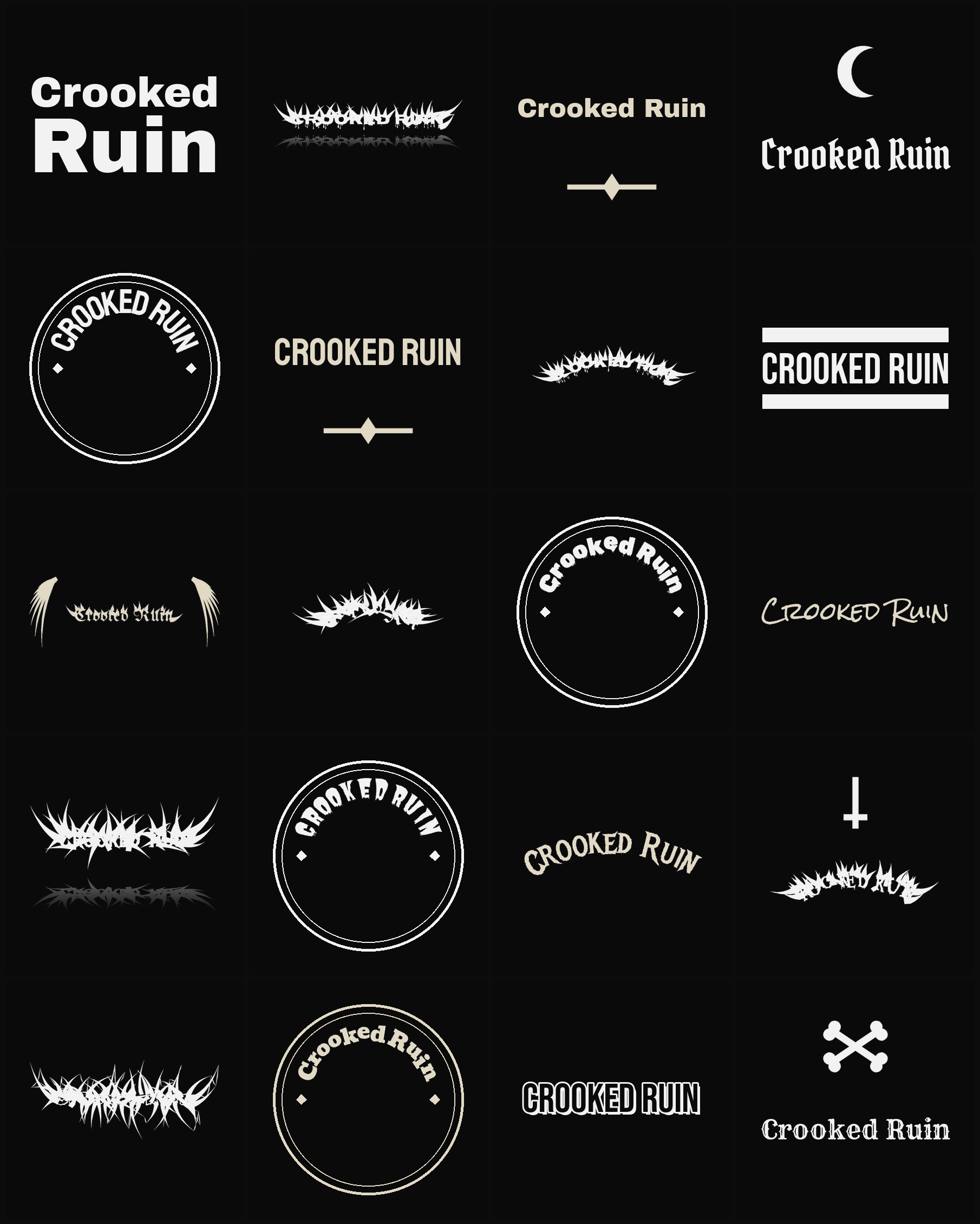 Twenty Crooked Ruin band logo ideas — different faces, treatments and spike settings
