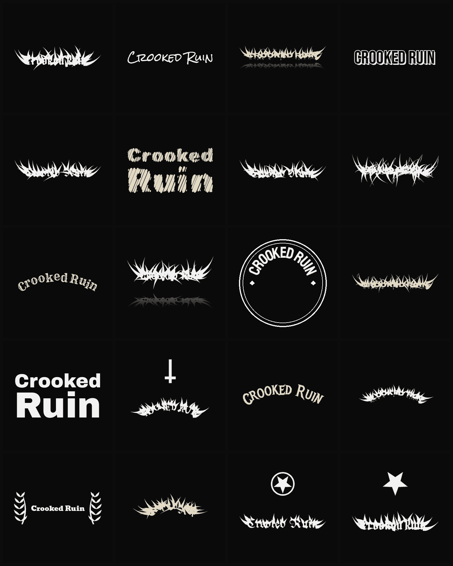 Twenty Crooked Ruin band logo ideas — different faces, treatments and spike settings
