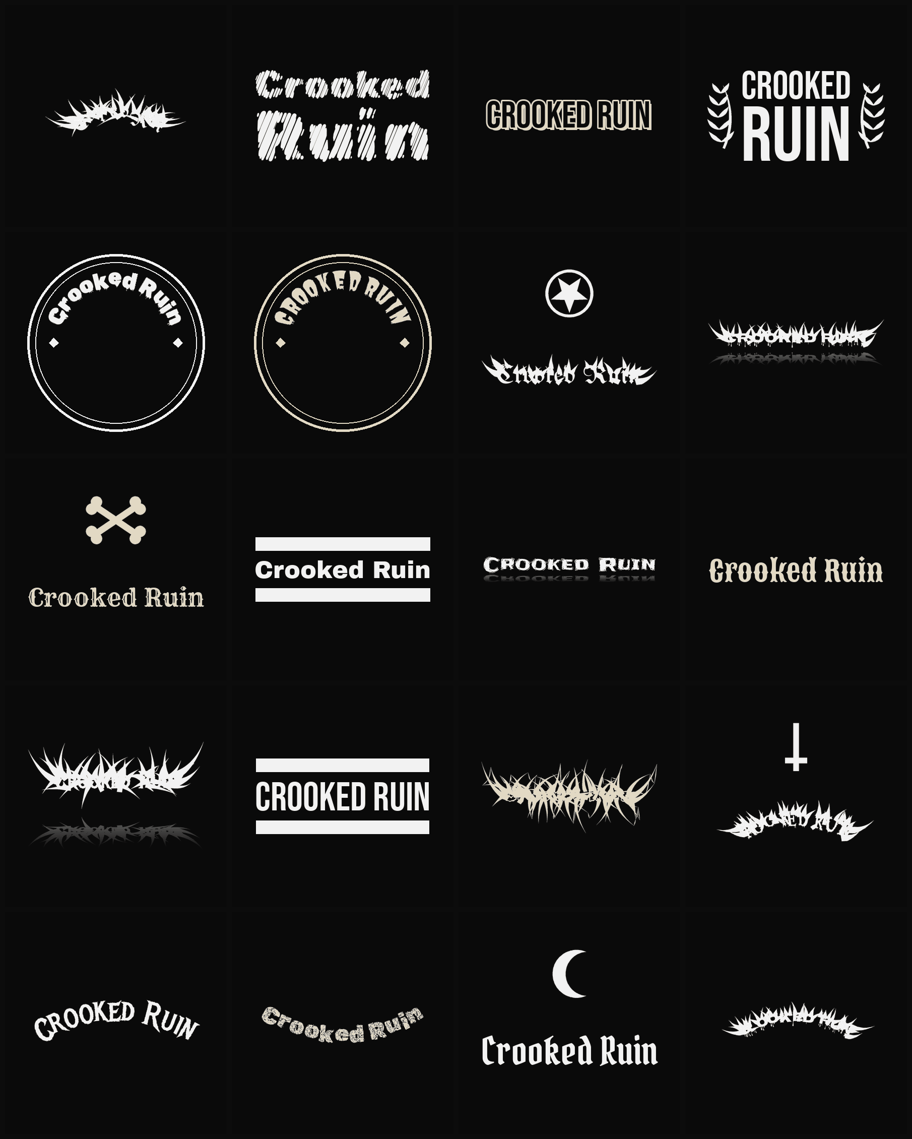 Twenty Crooked Ruin band logo ideas — different faces, treatments and spike settings