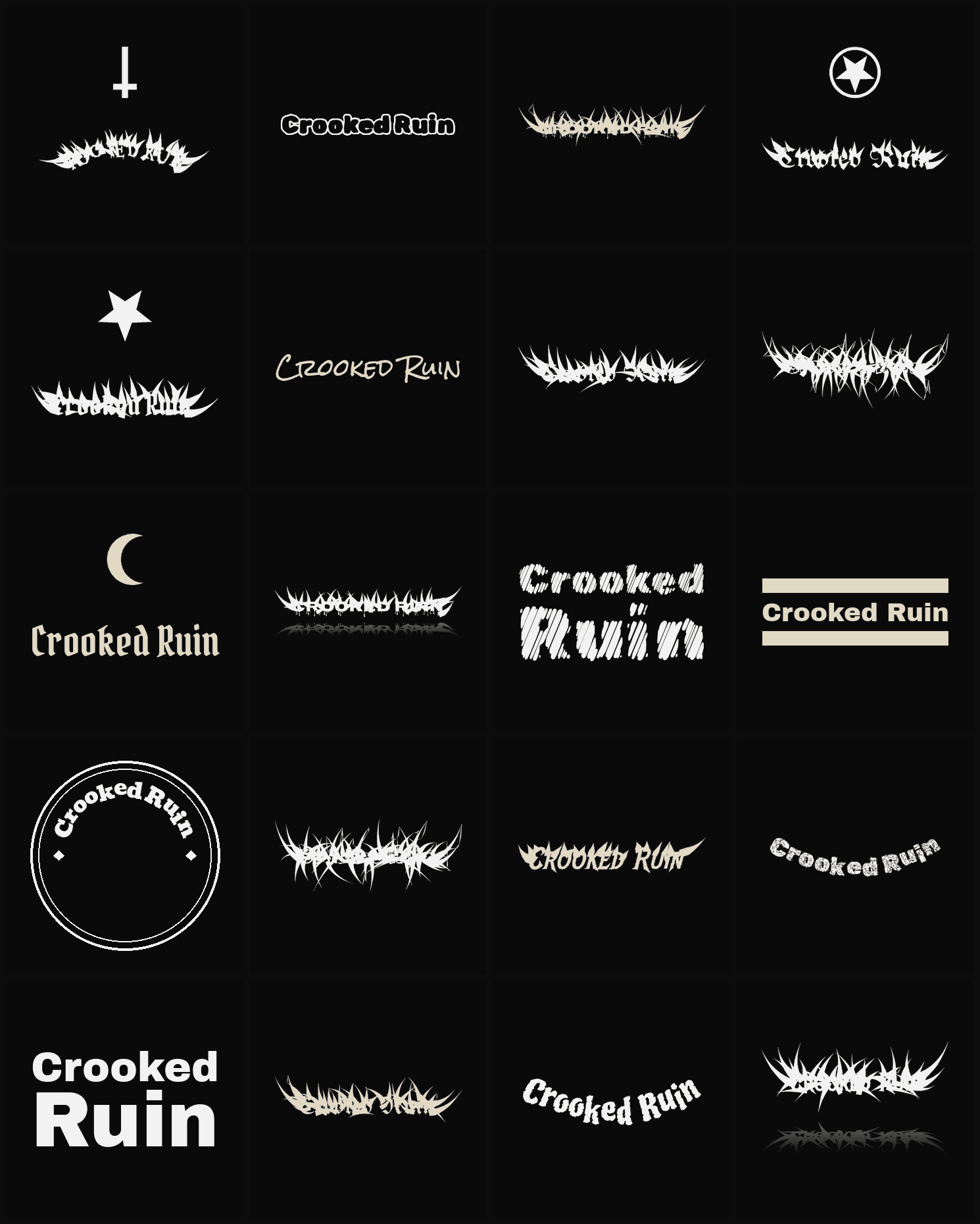 Twenty Crooked Ruin band logo ideas — different faces, treatments and spike settings