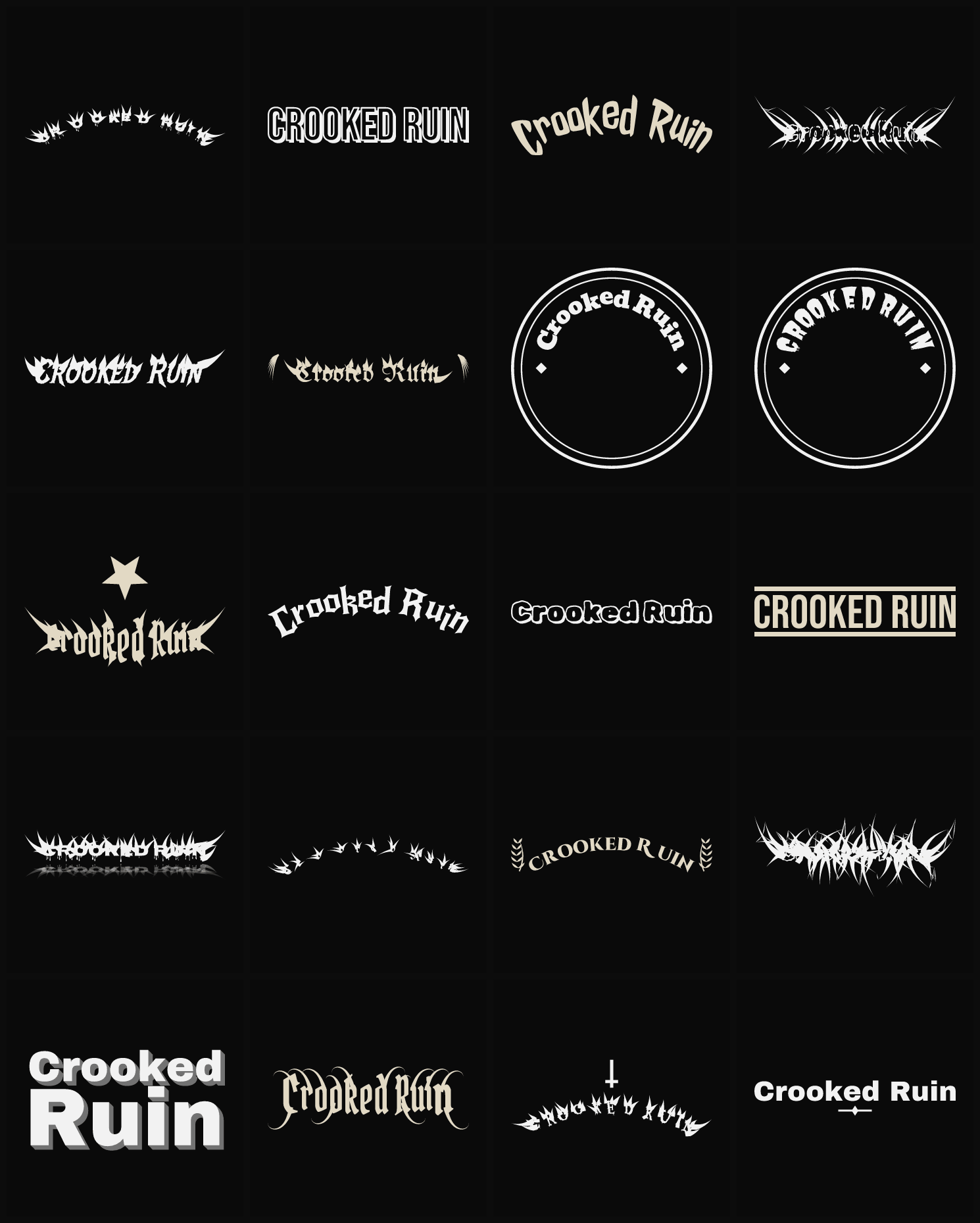 Twenty Crooked Ruin band logo ideas — different faces, treatments and spike settings