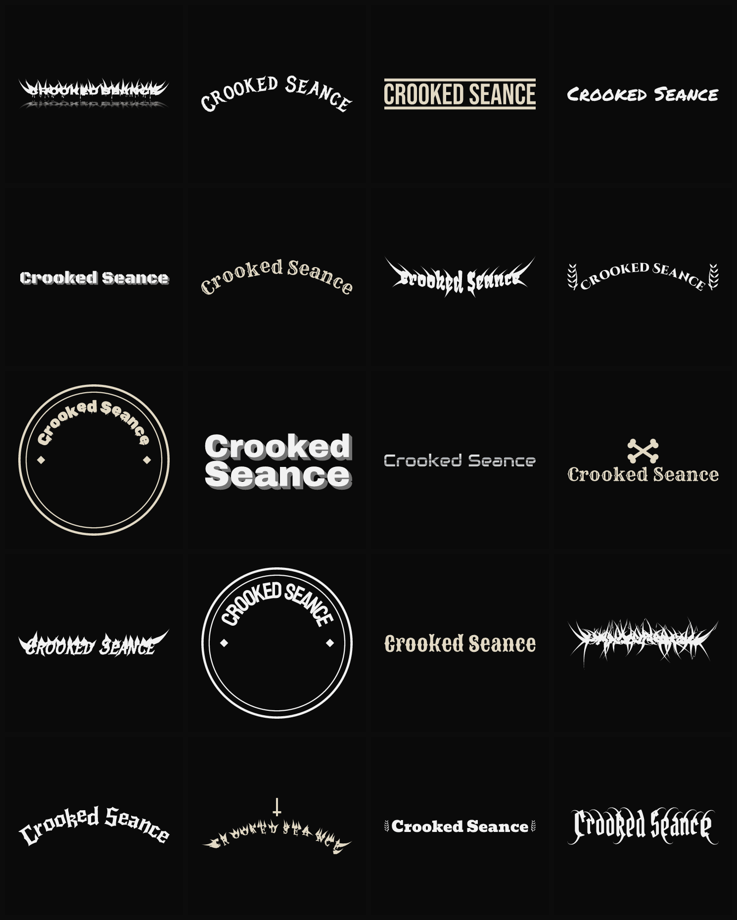 Twenty Crooked Seance band logo ideas — different faces, treatments and spike settings