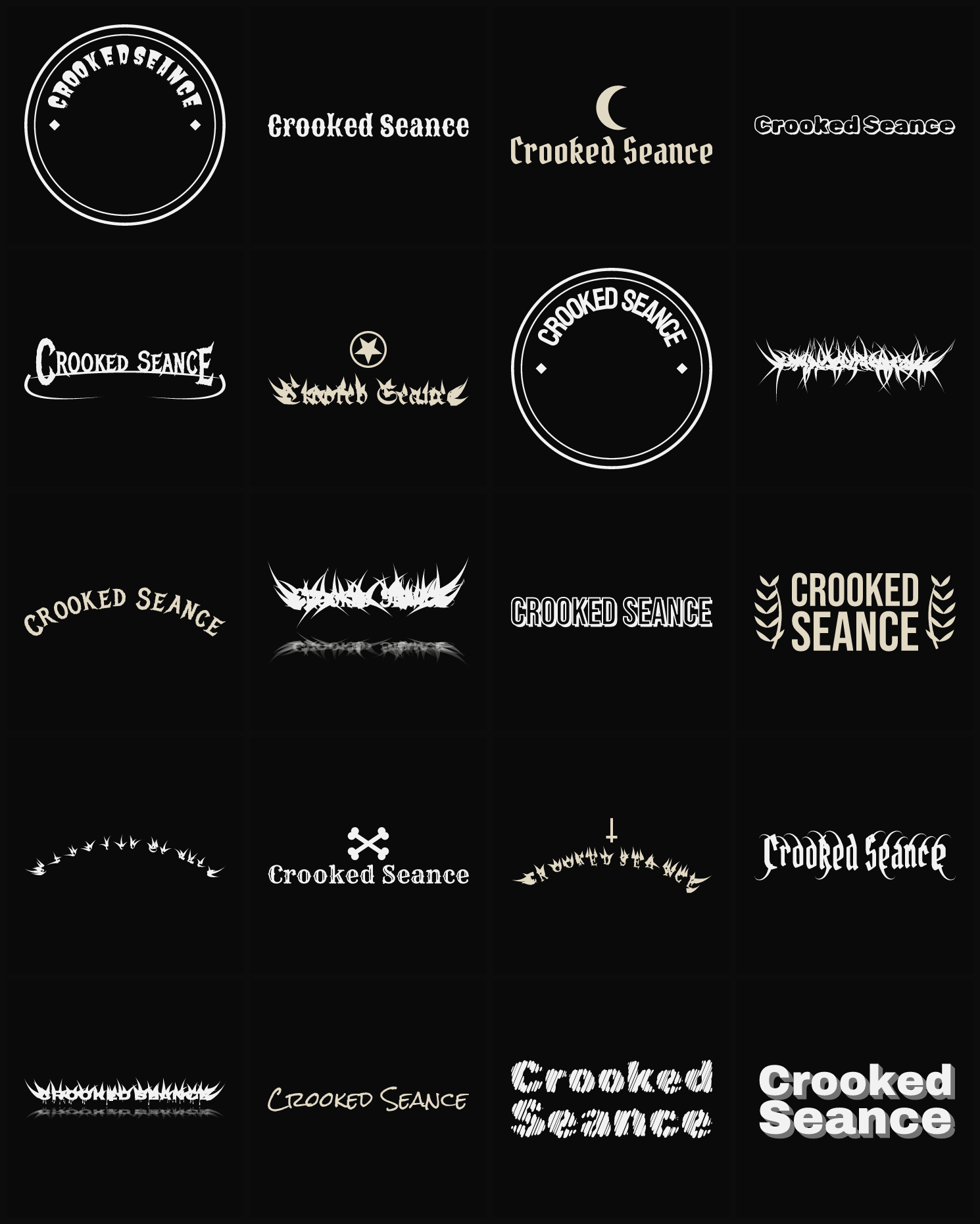 Twenty Crooked Seance band logo ideas — different faces, treatments and spike settings