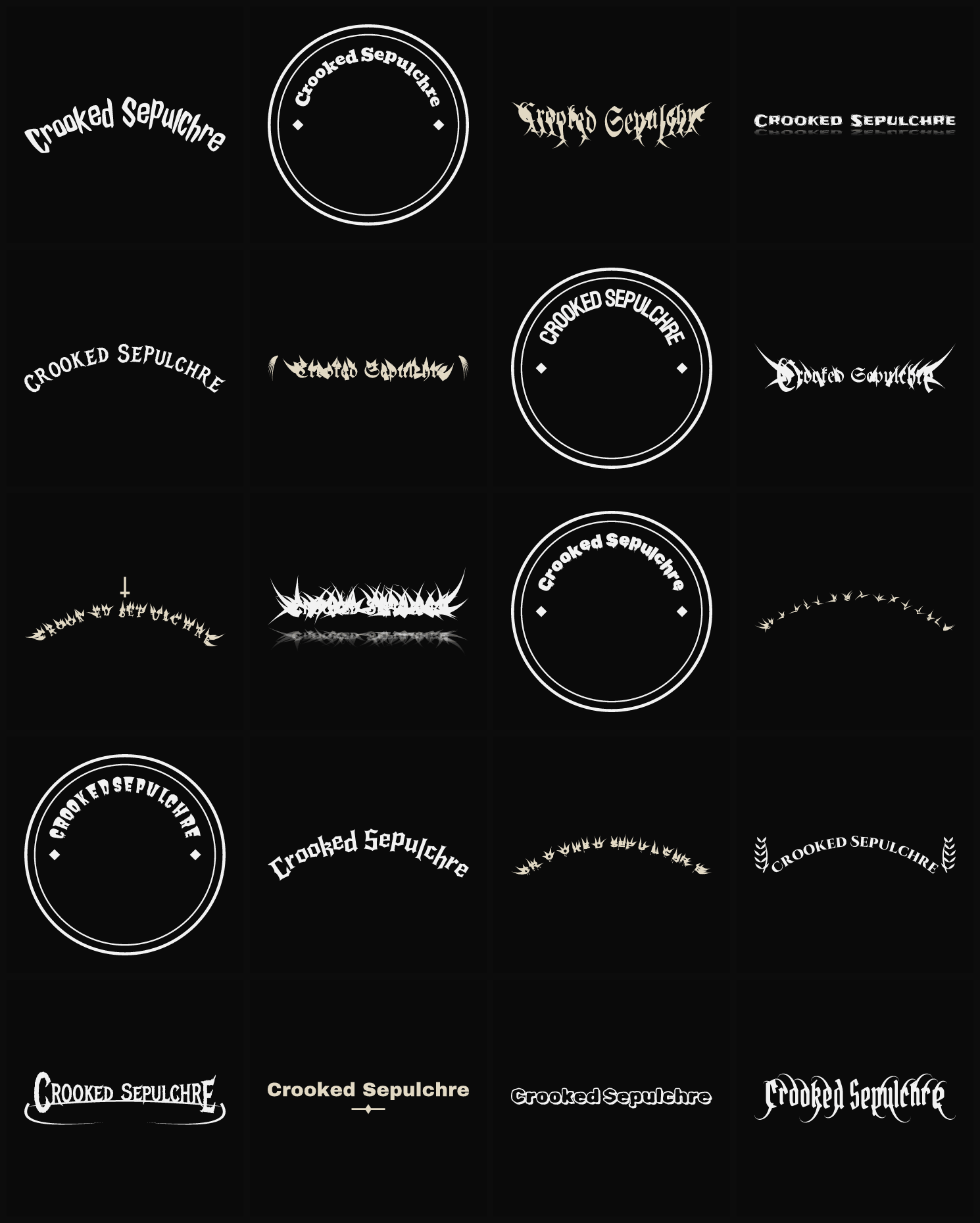 Twenty Crooked Sepulchre band logo ideas — different faces, treatments and spike settings