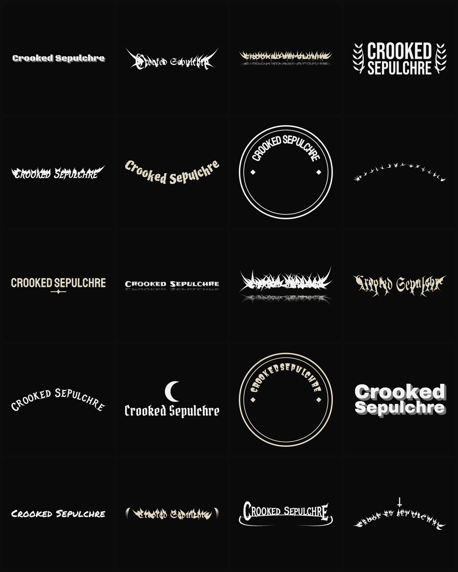 Twenty Crooked Sepulchre band logo ideas — different faces, treatments and spike settings