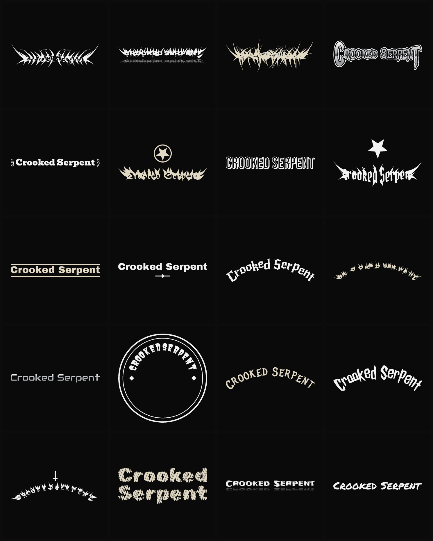 Twenty Crooked Serpent band logo ideas — different faces, treatments and spike settings