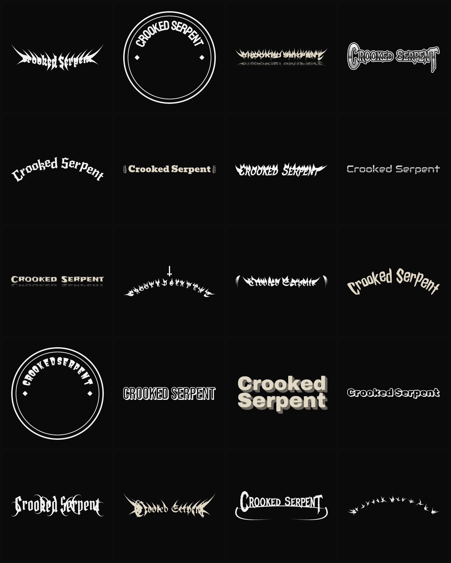Twenty Crooked Serpent band logo ideas — different faces, treatments and spike settings