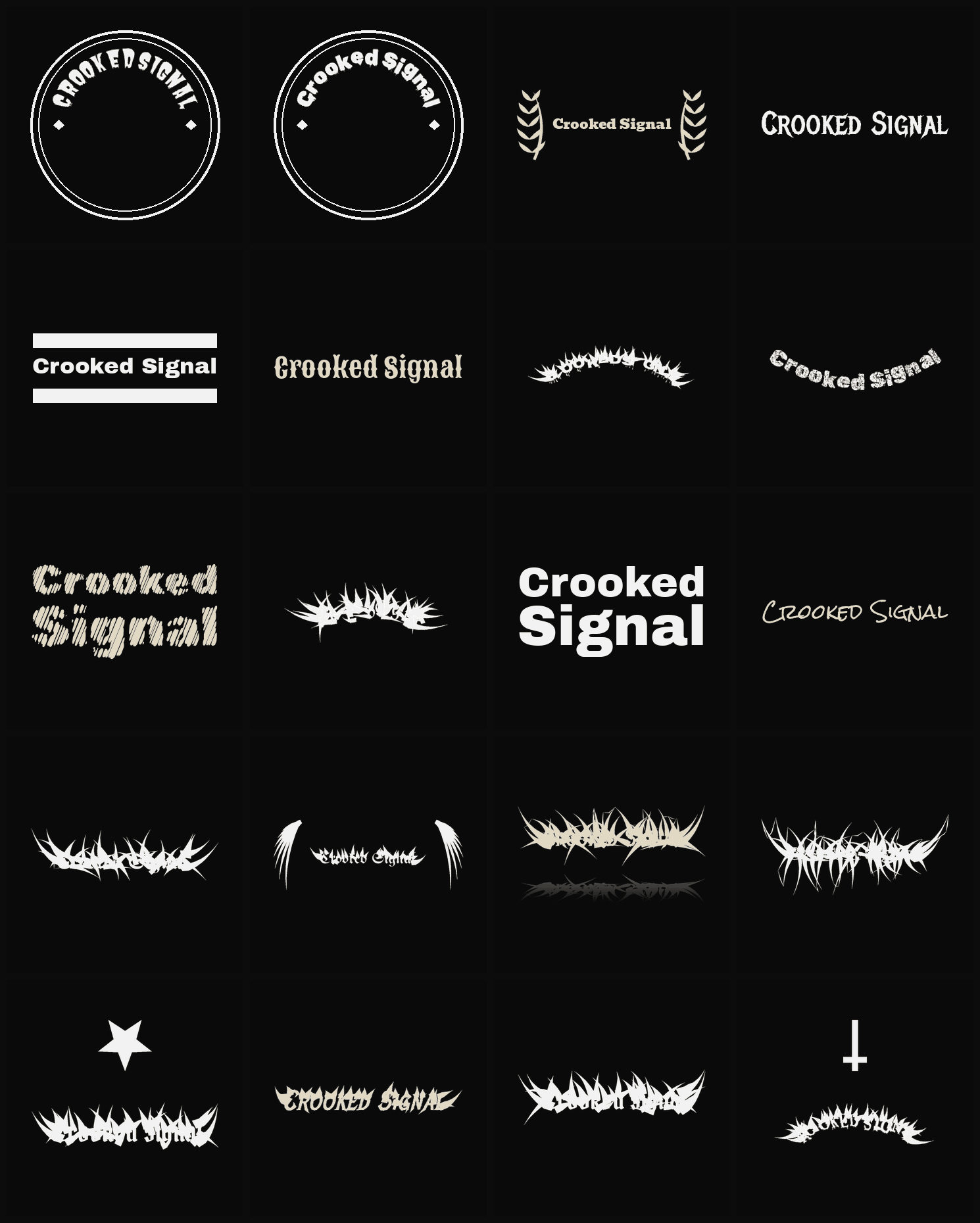 Twenty Crooked Signal band logo ideas — different faces, treatments and spike settings