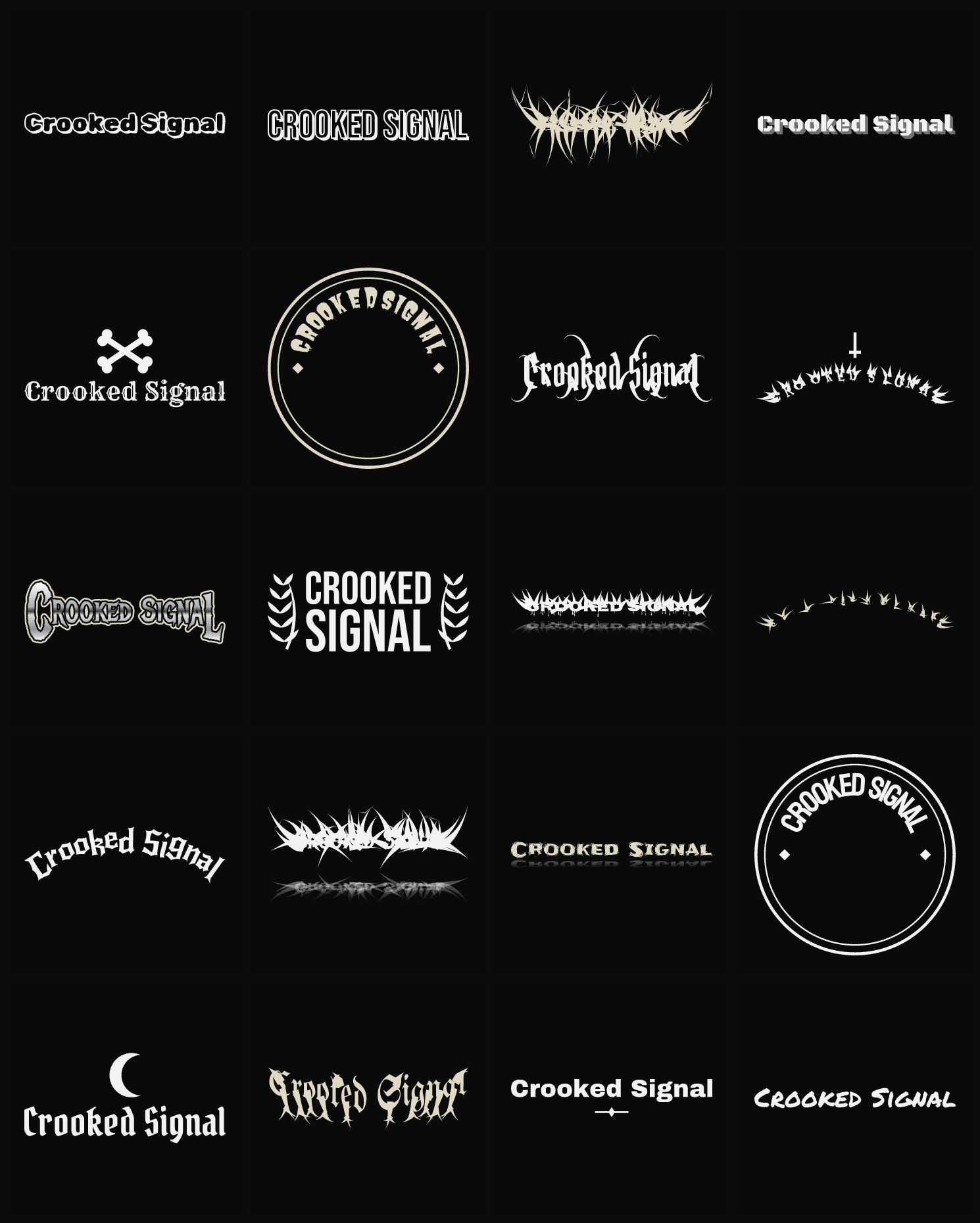Twenty Crooked Signal band logo ideas — different faces, treatments and spike settings