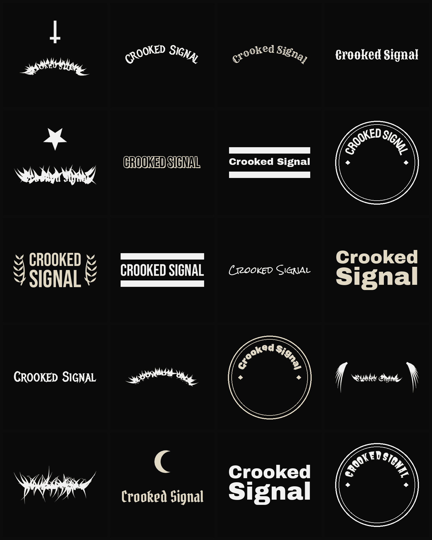 Twenty Crooked Signal band logo ideas — different faces, treatments and spike settings