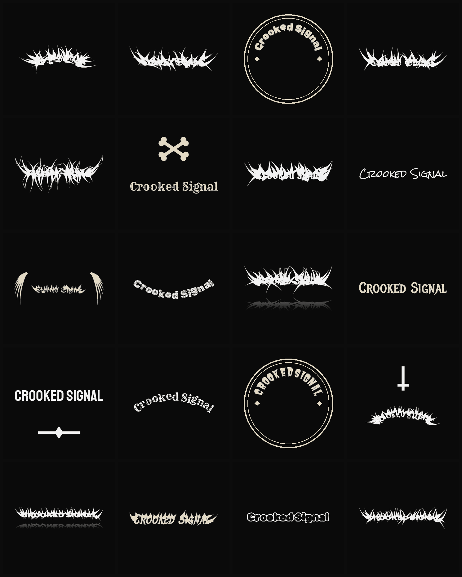 Twenty Crooked Signal band logo ideas — different faces, treatments and spike settings