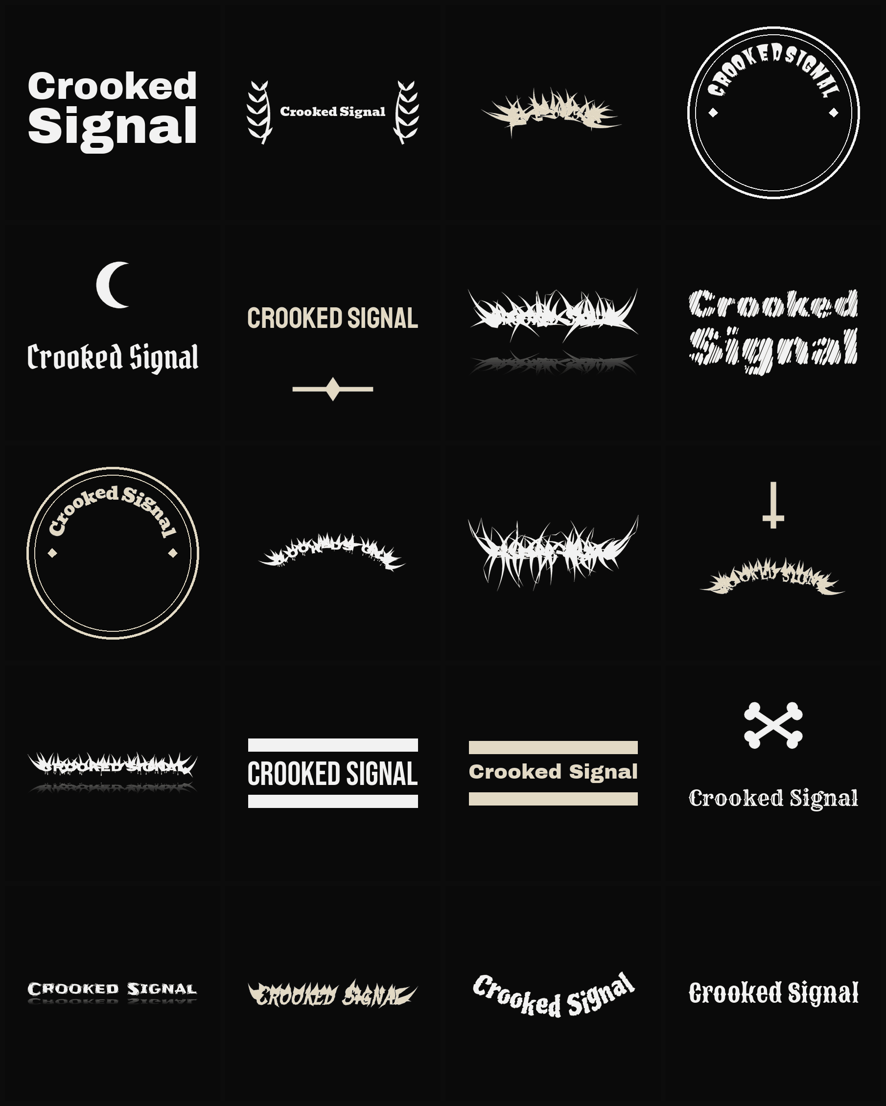Twenty Crooked Signal band logo ideas — different faces, treatments and spike settings