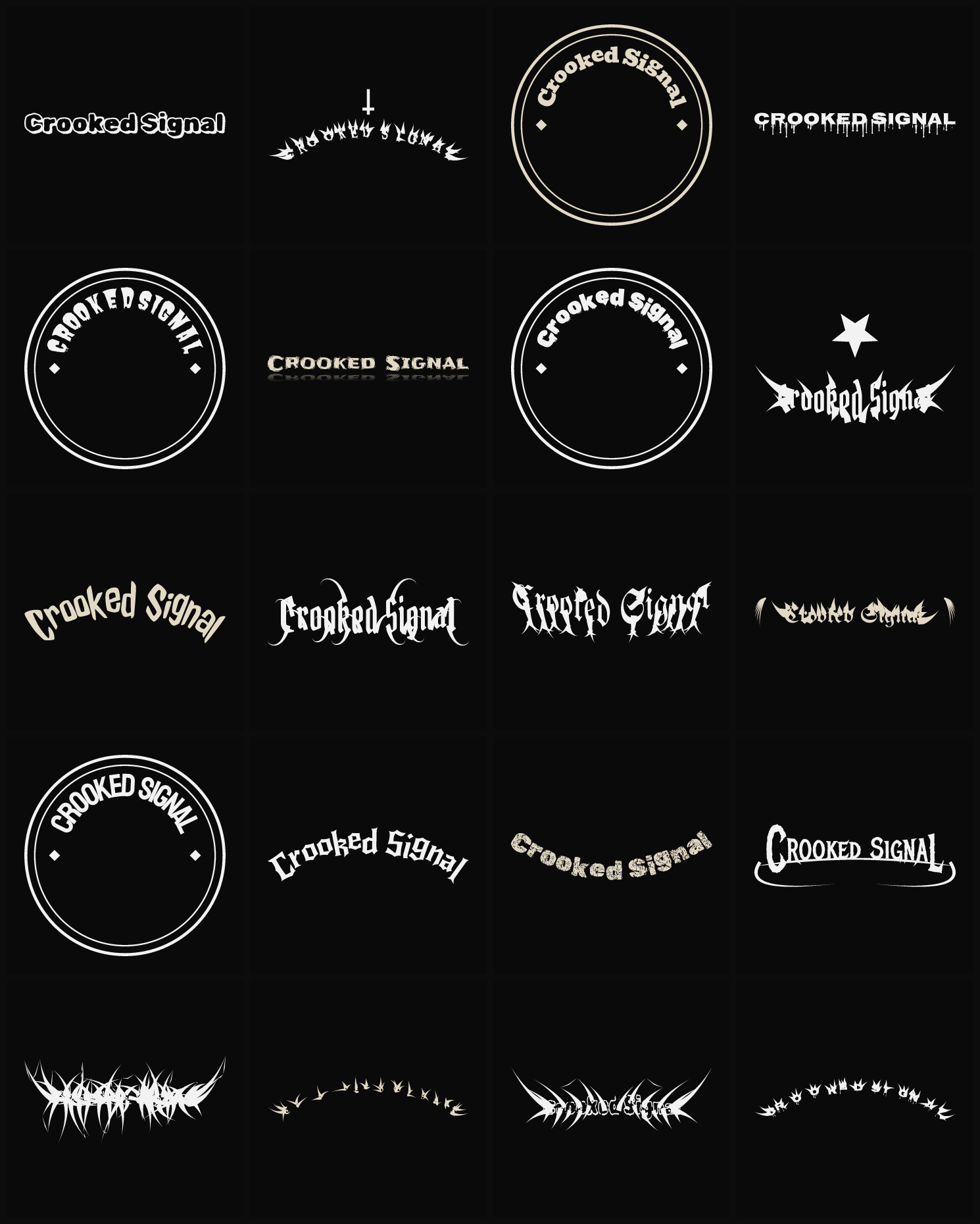 Twenty Crooked Signal band logo ideas — different faces, treatments and spike settings