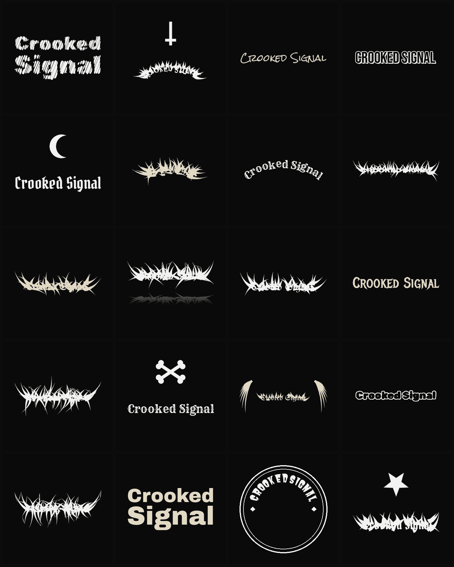 Twenty Crooked Signal band logo ideas — different faces, treatments and spike settings