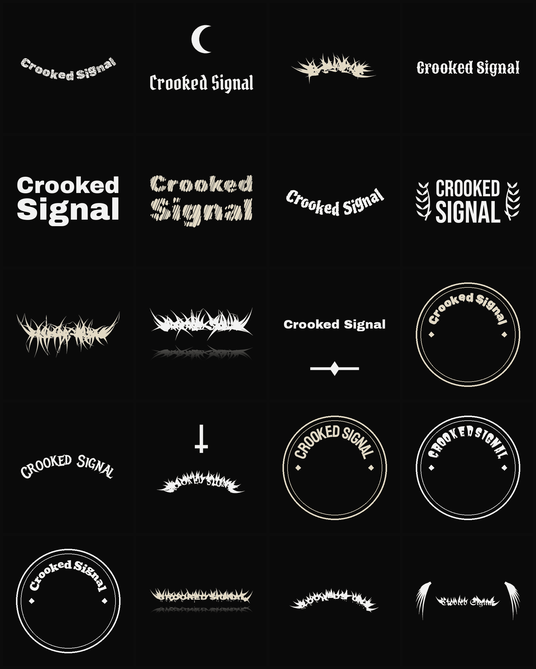 Twenty Crooked Signal band logo ideas — different faces, treatments and spike settings
