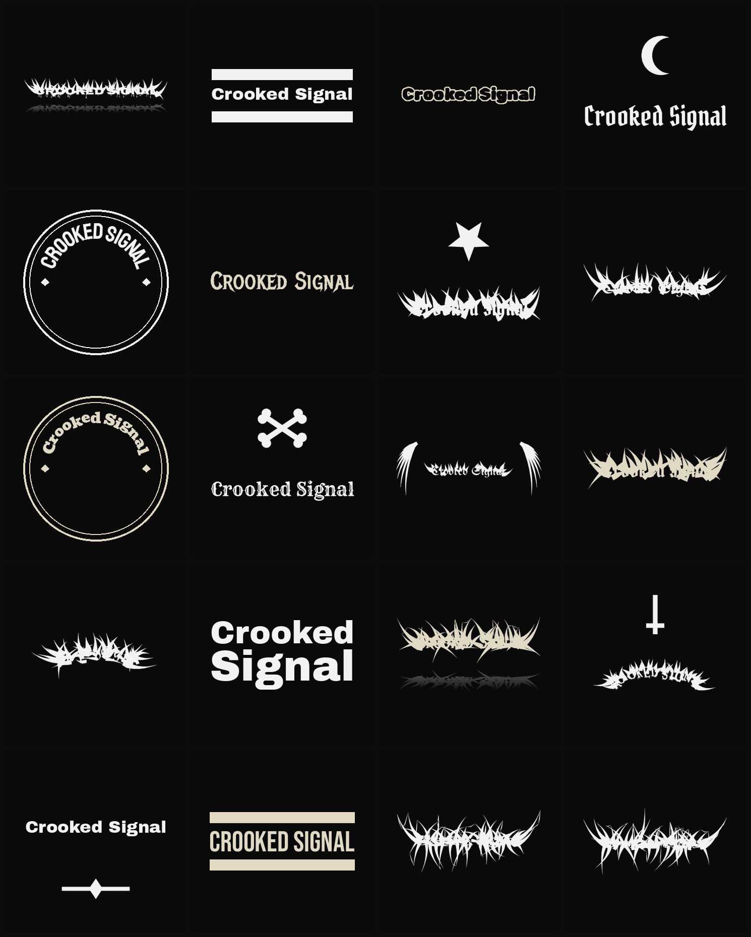 Twenty Crooked Signal band logo ideas — different faces, treatments and spike settings