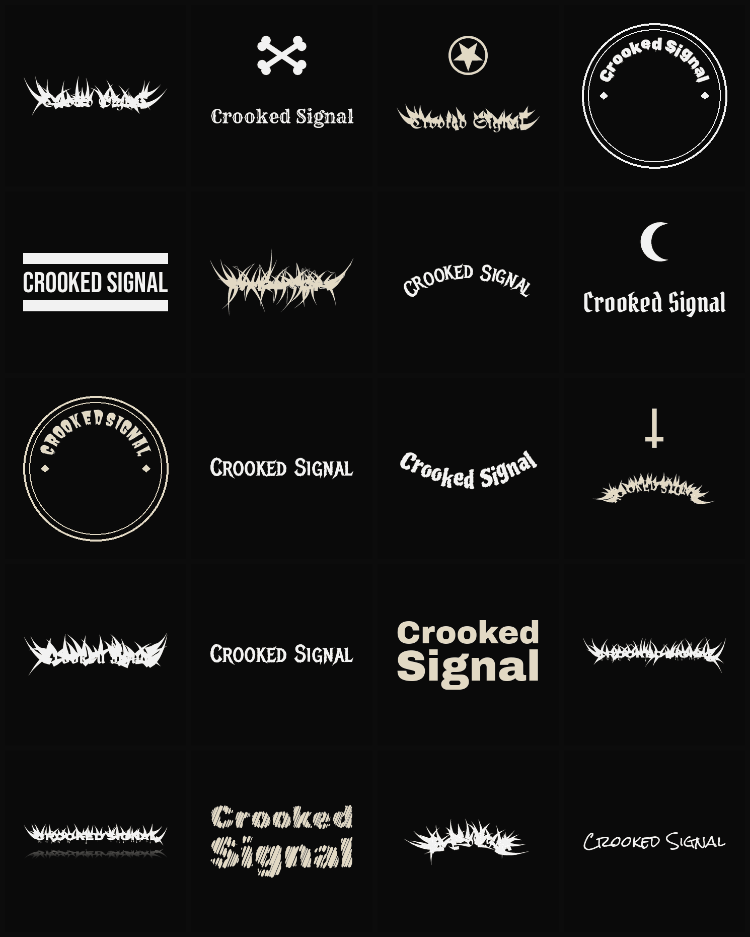 Twenty Crooked Signal band logo ideas — different faces, treatments and spike settings