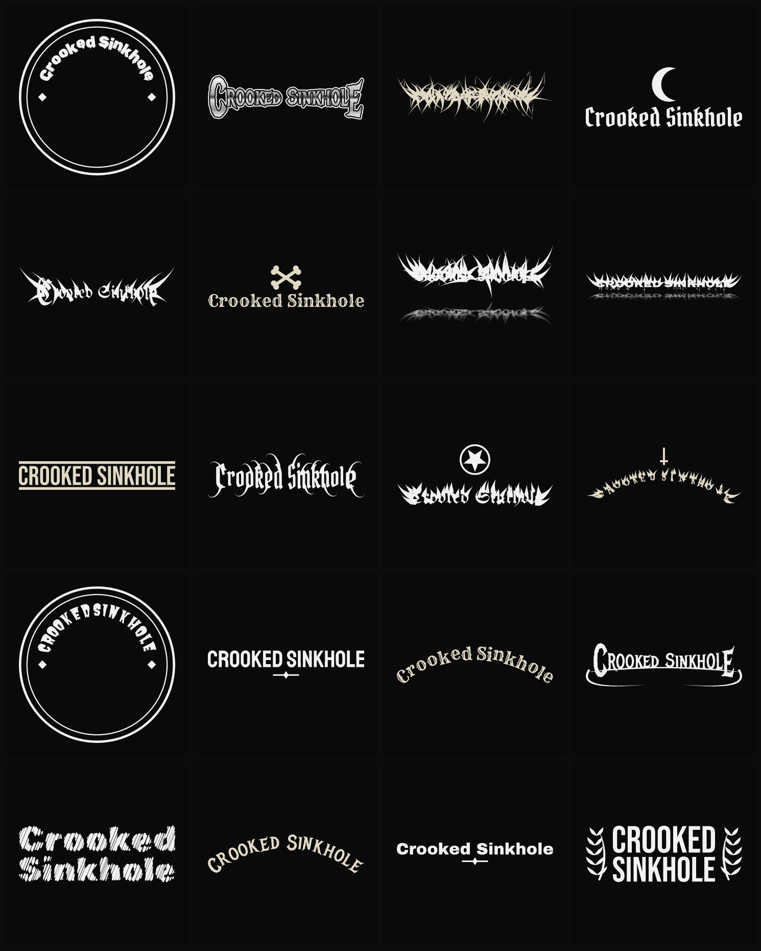 Twenty Crooked Sinkhole band logo ideas — different faces, treatments and spike settings