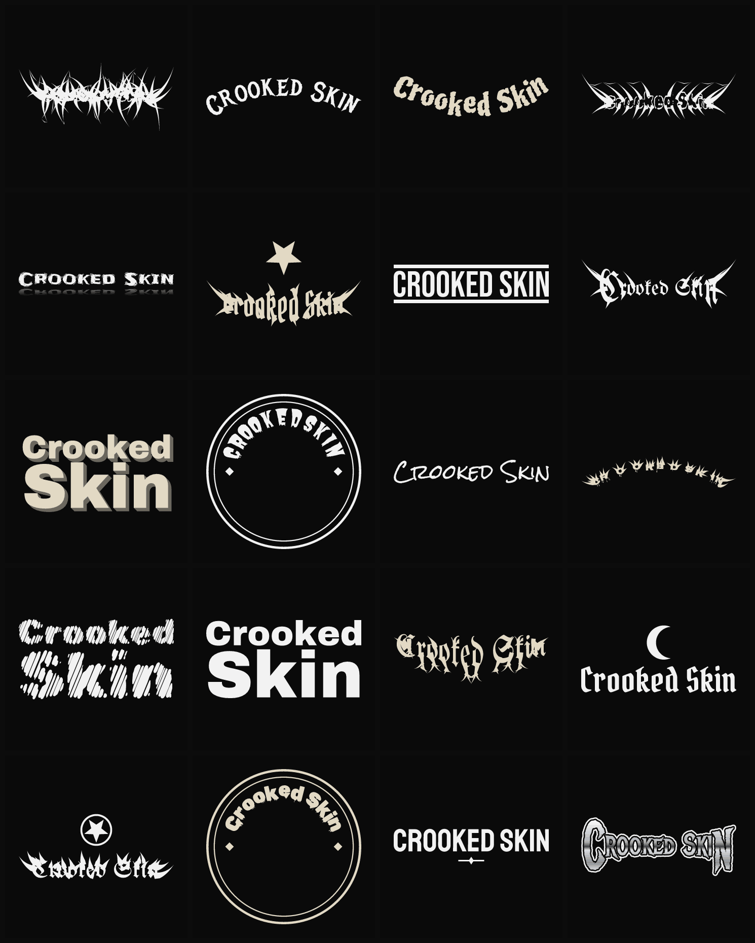 Twenty Crooked Skin band logo ideas — different faces, treatments and spike settings
