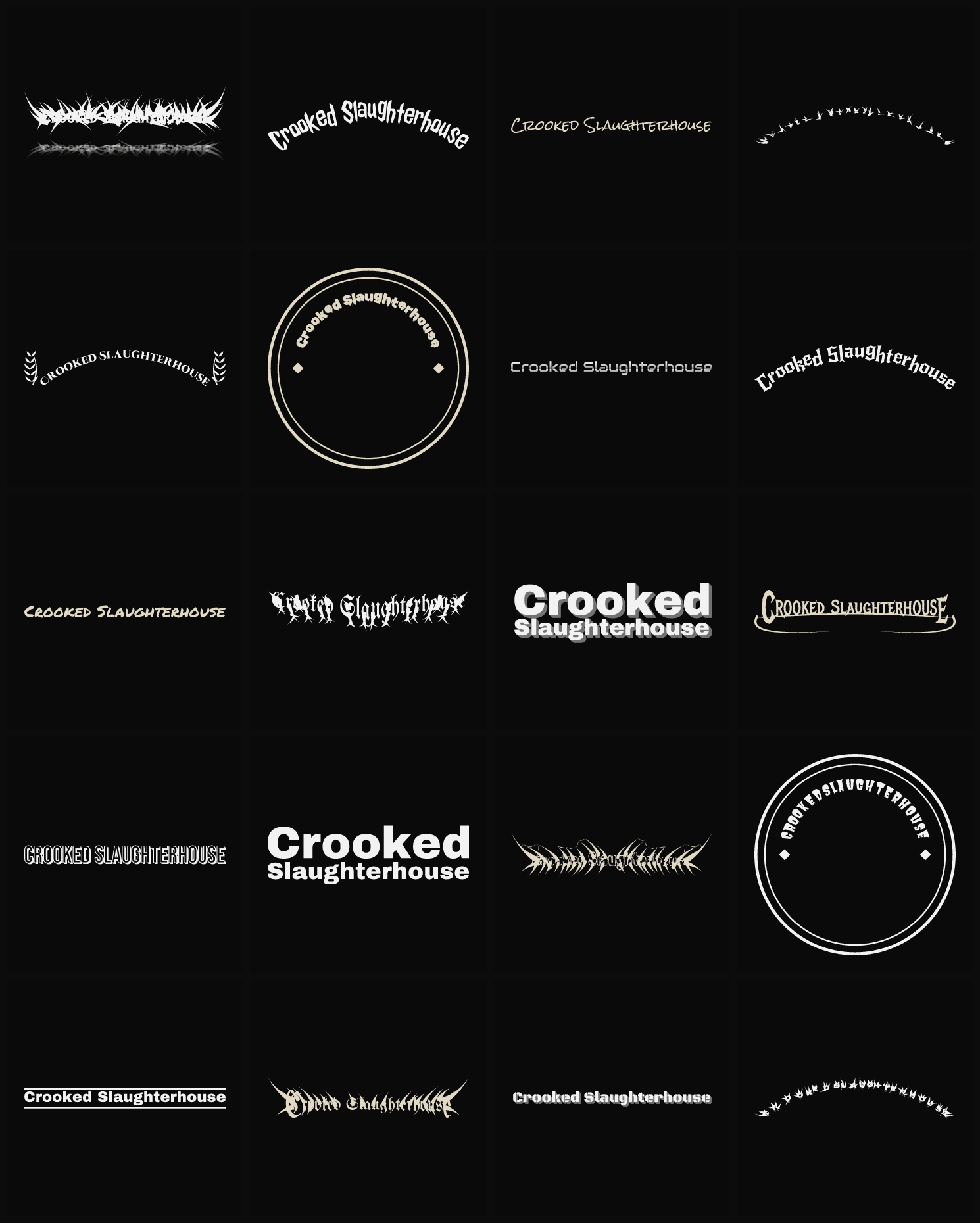 Twenty Crooked Slaughterhouse band logo ideas — different faces, treatments and spike settings