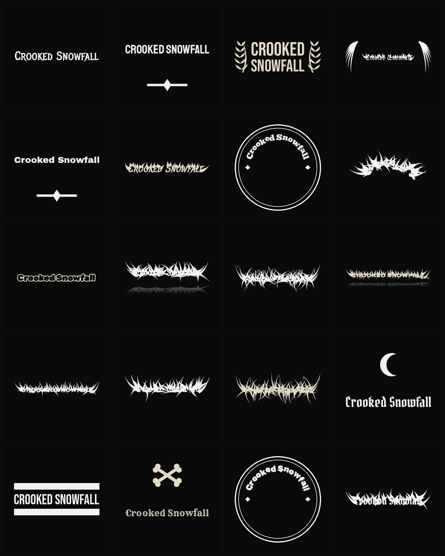 Twenty Crooked Snowfall band logo ideas — different faces, treatments and spike settings